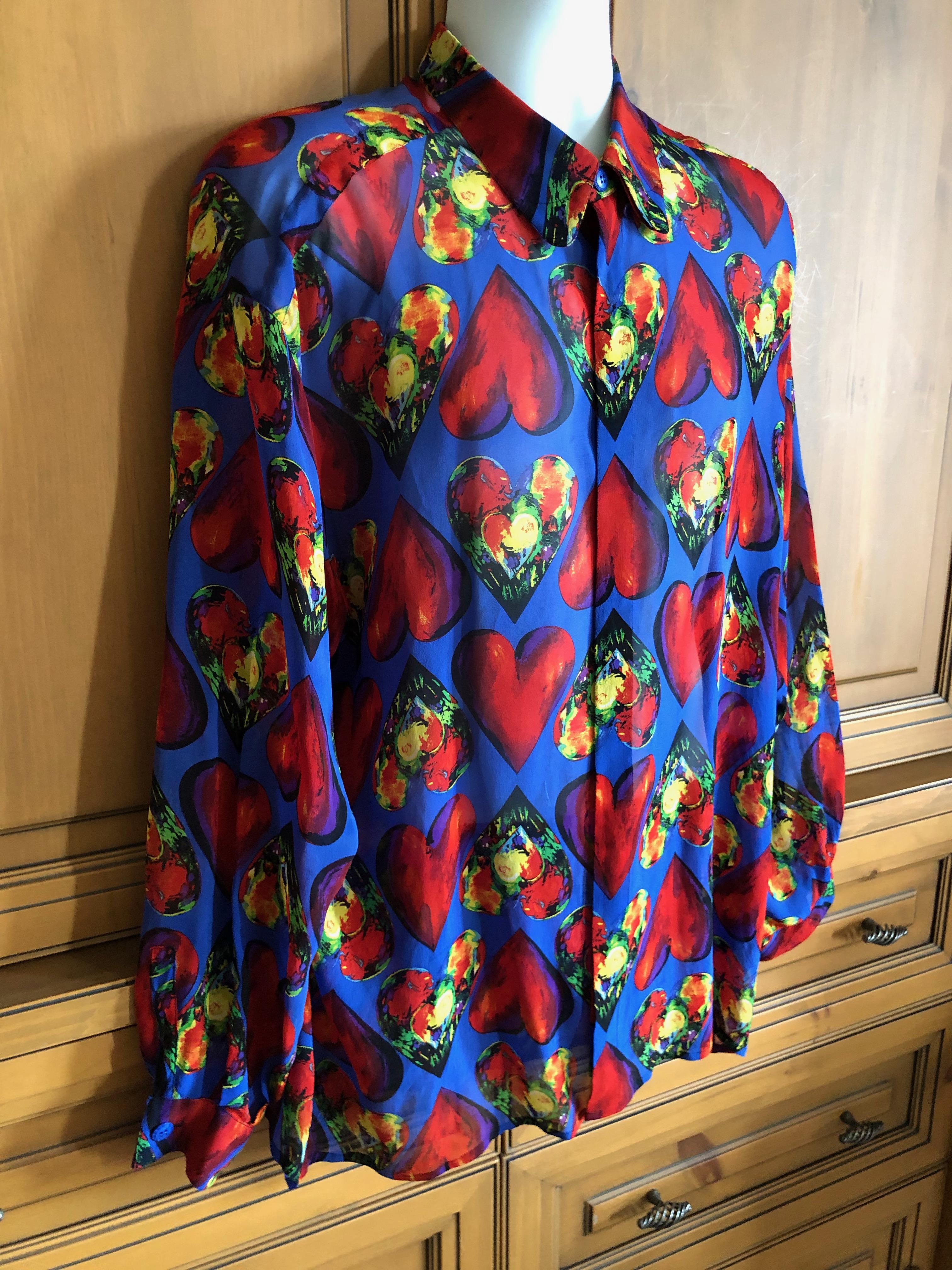 Gianni Versace Couture Men’s Sheer Silk Shirt 1997 Jim Dine Heart Print Size XXL In Excellent Condition For Sale In Cloverdale, CA