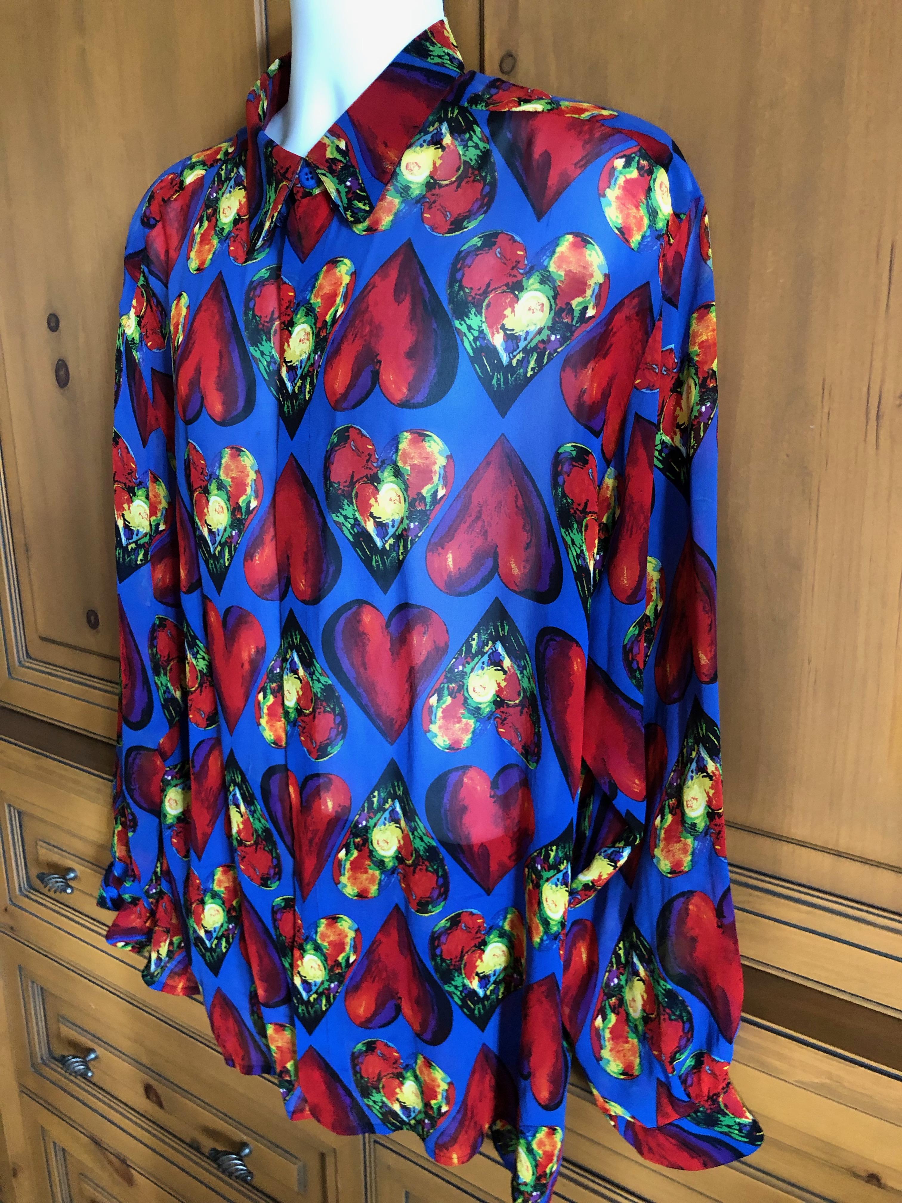 Women's or Men's Gianni Versace Couture Men’s Sheer Silk Shirt 1997 Jim Dine Heart Print Size XXL For Sale