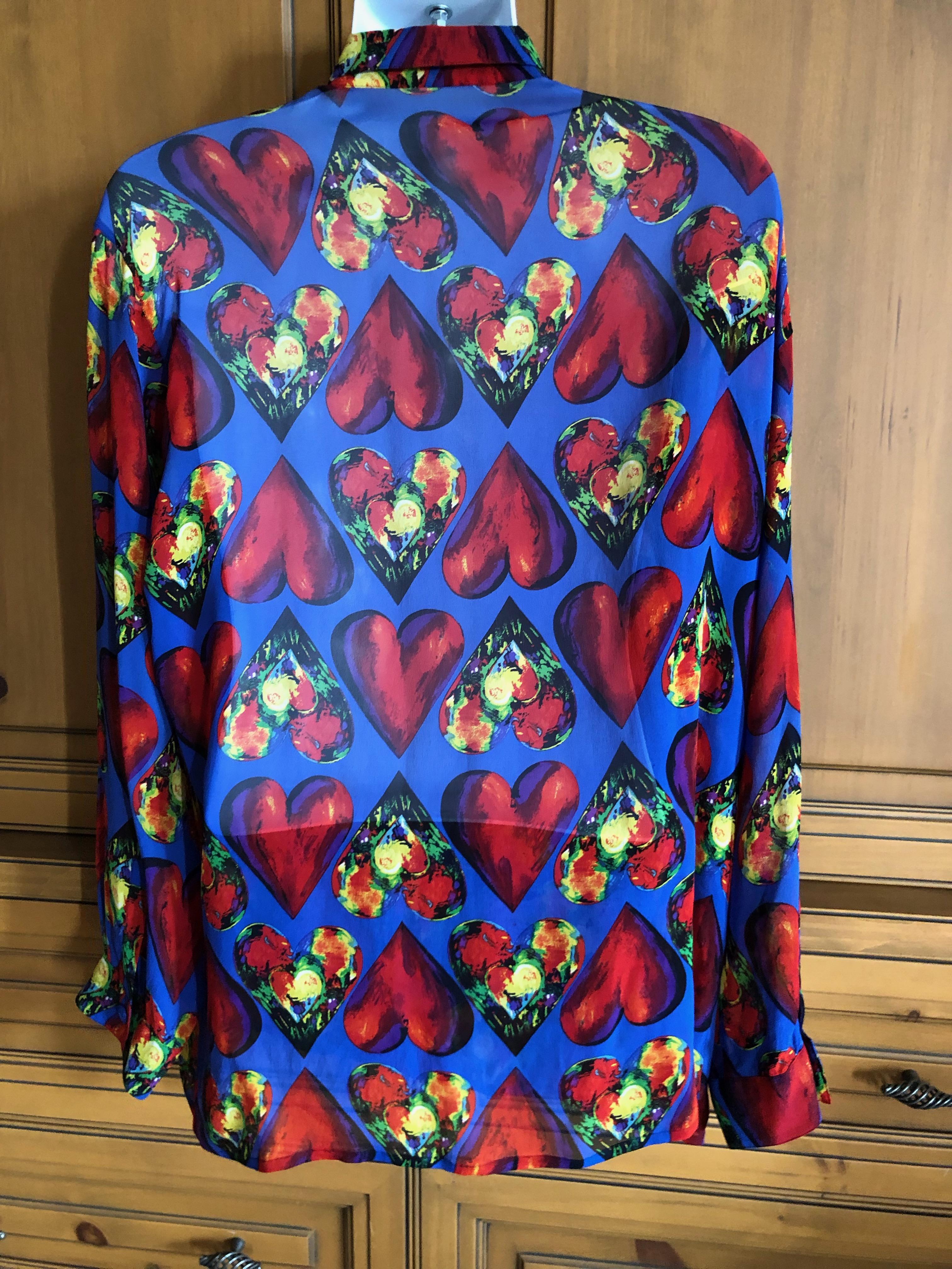 Gianni Versace Couture Men’s Sheer Silk Shirt 1997 Jim Dine Heart Print Size XXL For Sale 1