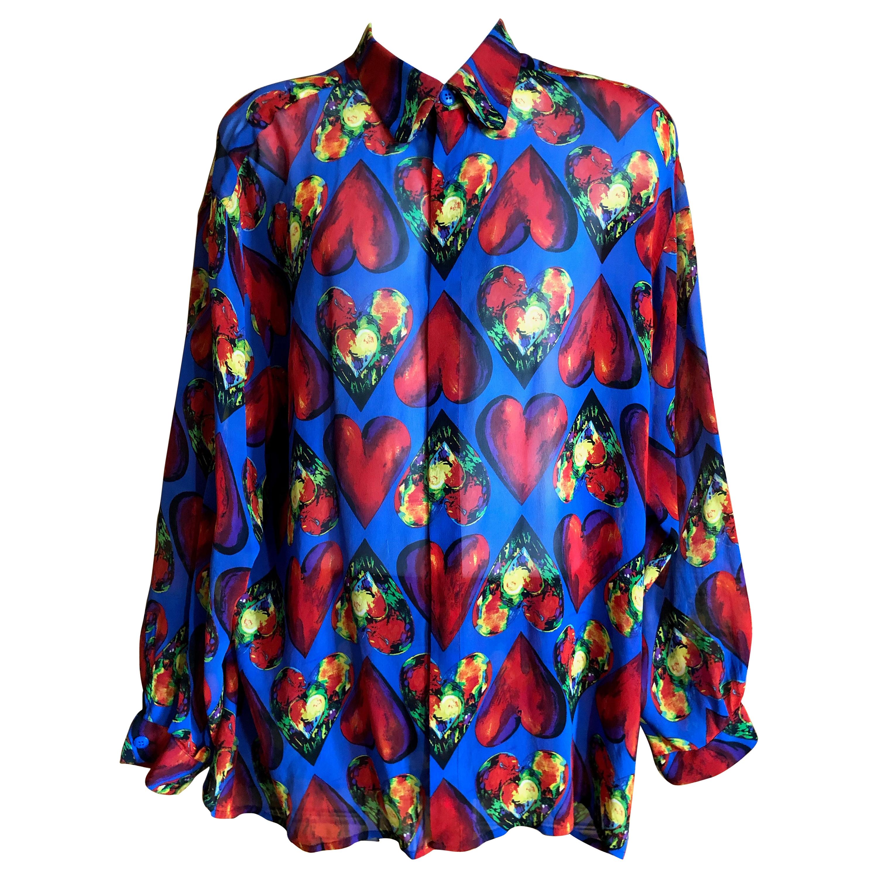 Gianni Versace Couture Men’s Sheer Silk Shirt 1997 Jim Dine Heart Print Size XXL For Sale