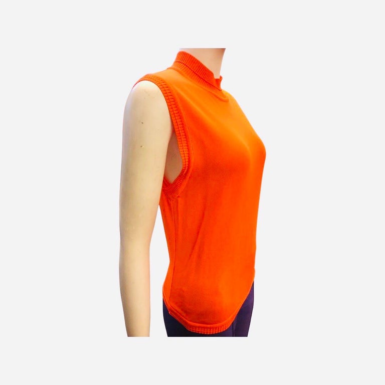 Gianni Versace Couture Neon Orange Rayon Ribbed Mock Neck Sleeveless Top In Excellent Condition For Sale In Sheung Wan, HK