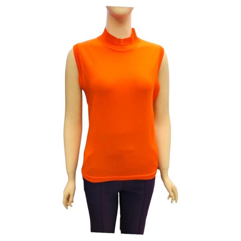 Gianni Versace Couture Neon Orange Rayon Ribbed Mock Neck Sleeveless Top For Sale
