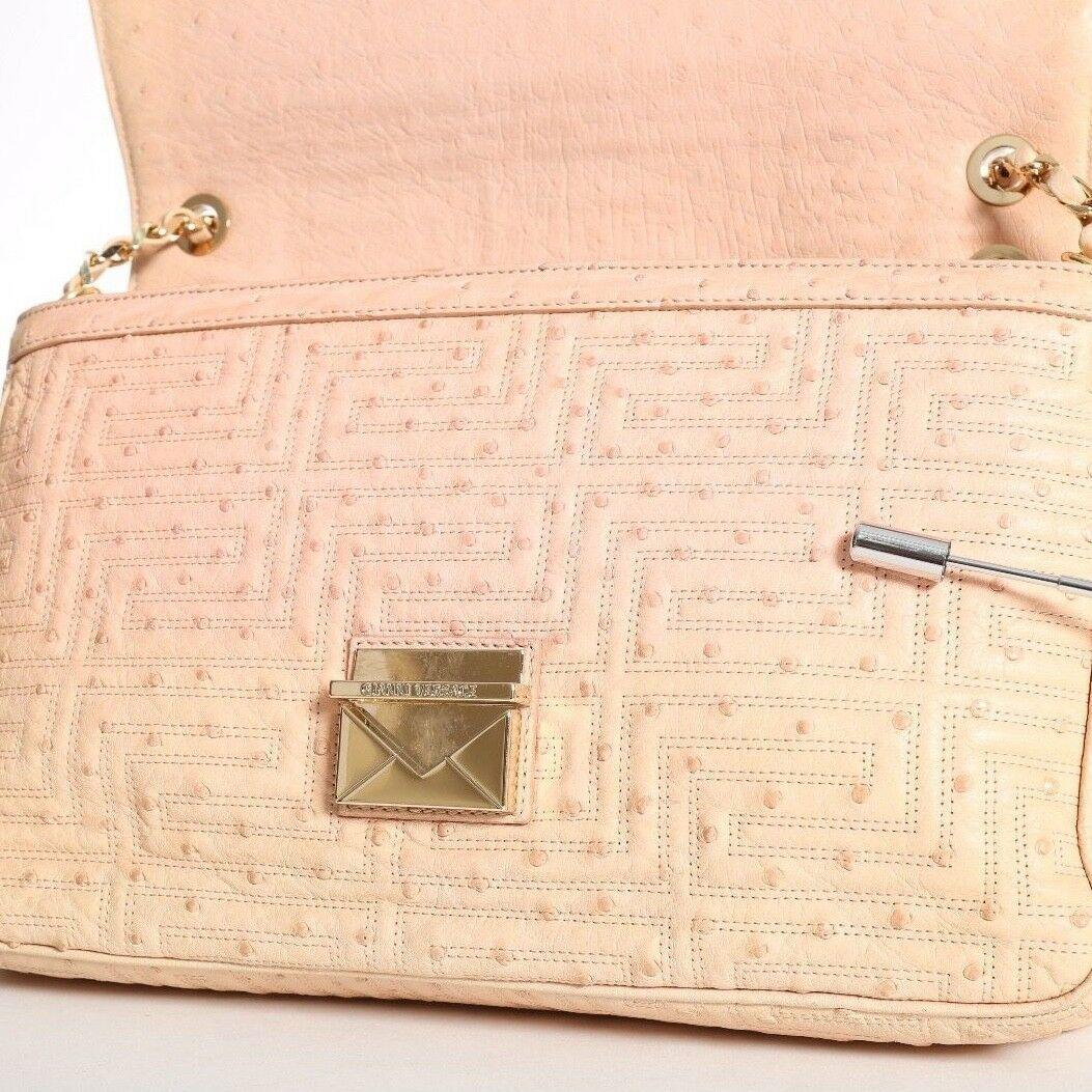 Gold GIANNI VERSACE COUTURE nude quilted ostrich gold studded shoulder leather bag