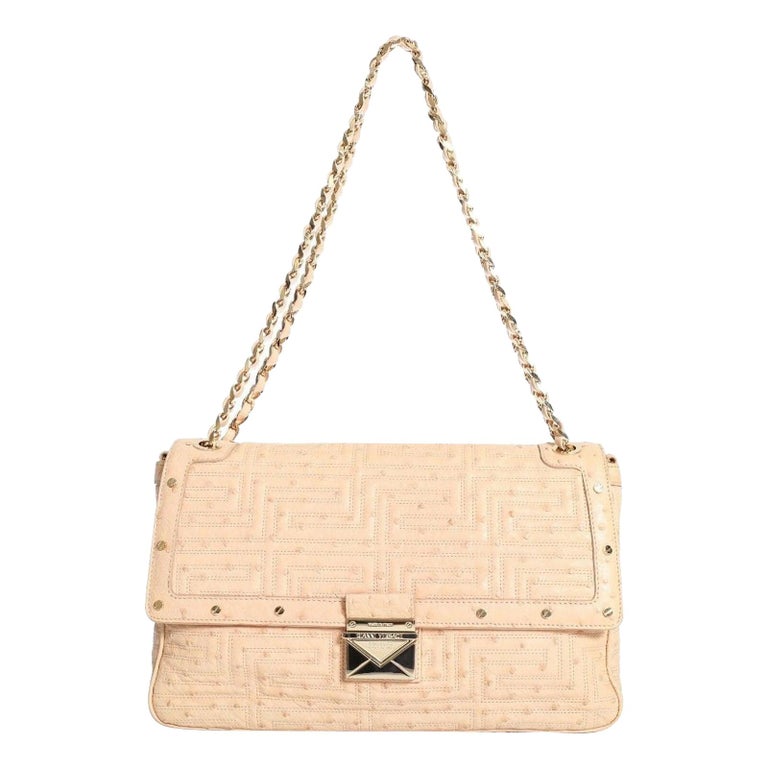 GIANNI VERSACE COUTURE nude quilted ostrich gold studded shoulder leather bag For Sale