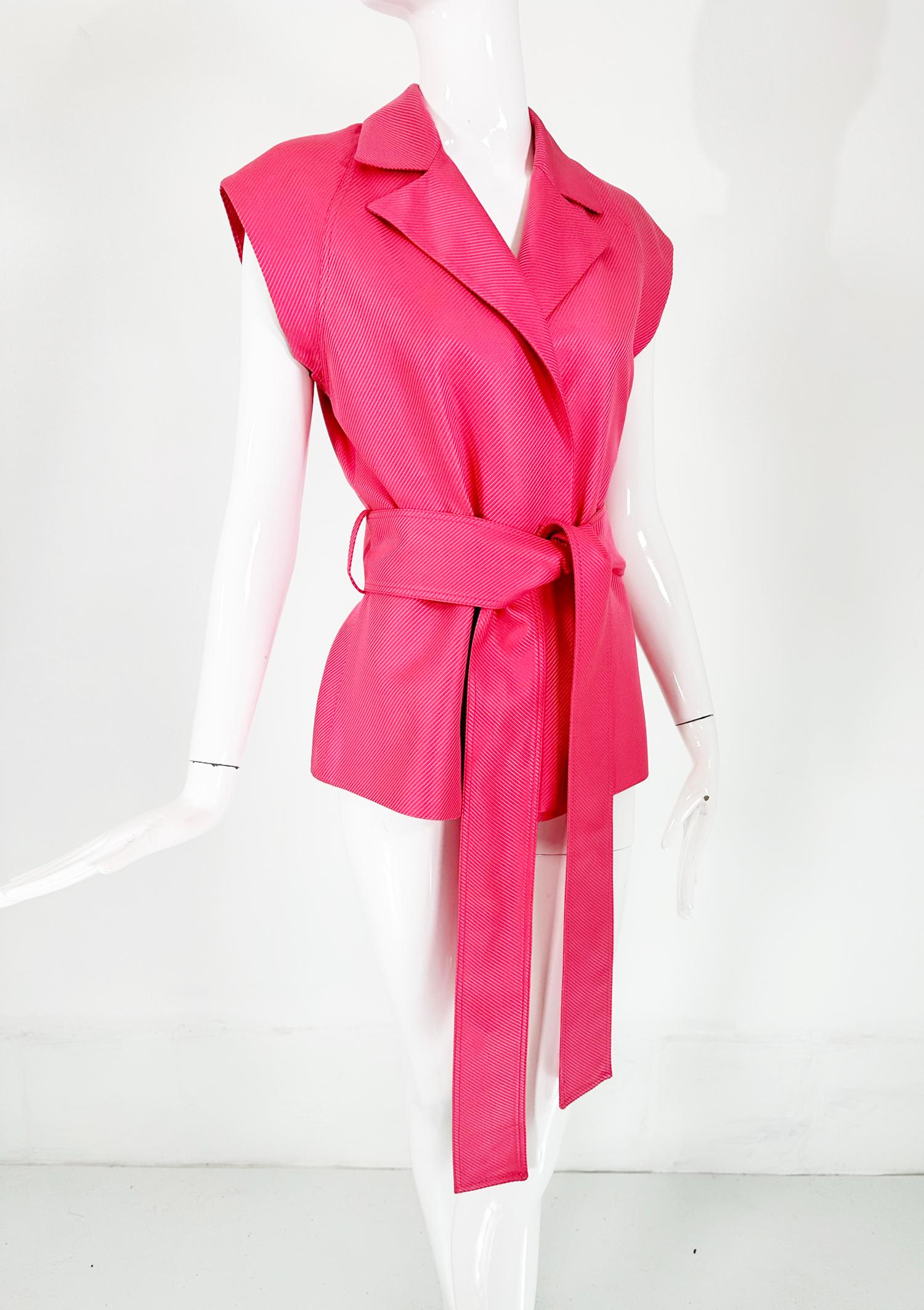 Gianni Versace Couture salmon pink silk twill cap sleeve, belted wrap jacket  42.  This beautiful jacket is the perfect go with piece & could work in any season. A beautiful shade of pink, the fabric is amazing. Cap sleeve jacket has a collar with
