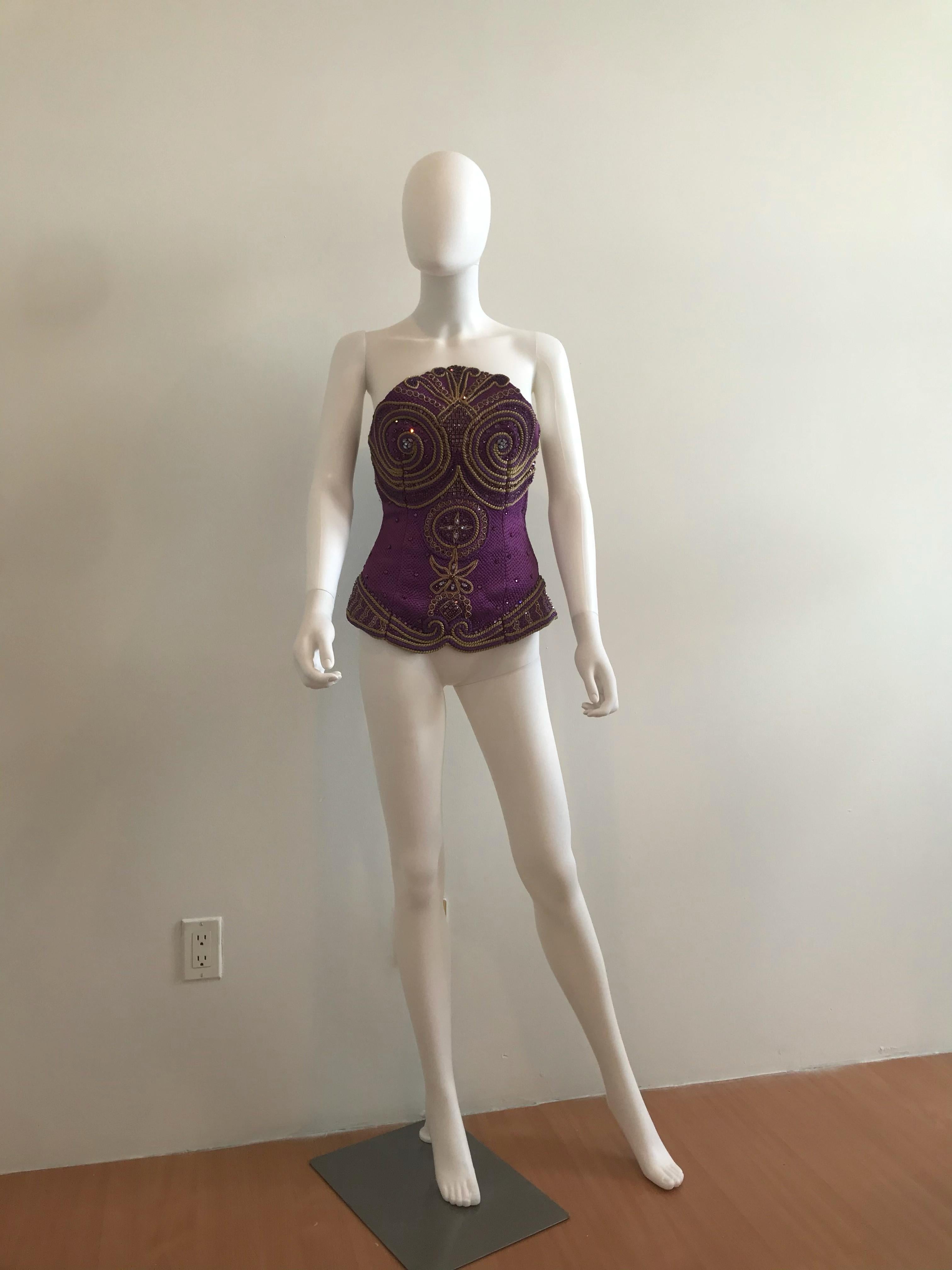 Gianni Versace Couture Purple & Gold Embellished & Embroidered Bustier/Corset with gold embroidery and purple rhinestone detailing. This rare bustier has a nautical motif with its exquisite neckline. Made in Italy. Size tag removed. Fits