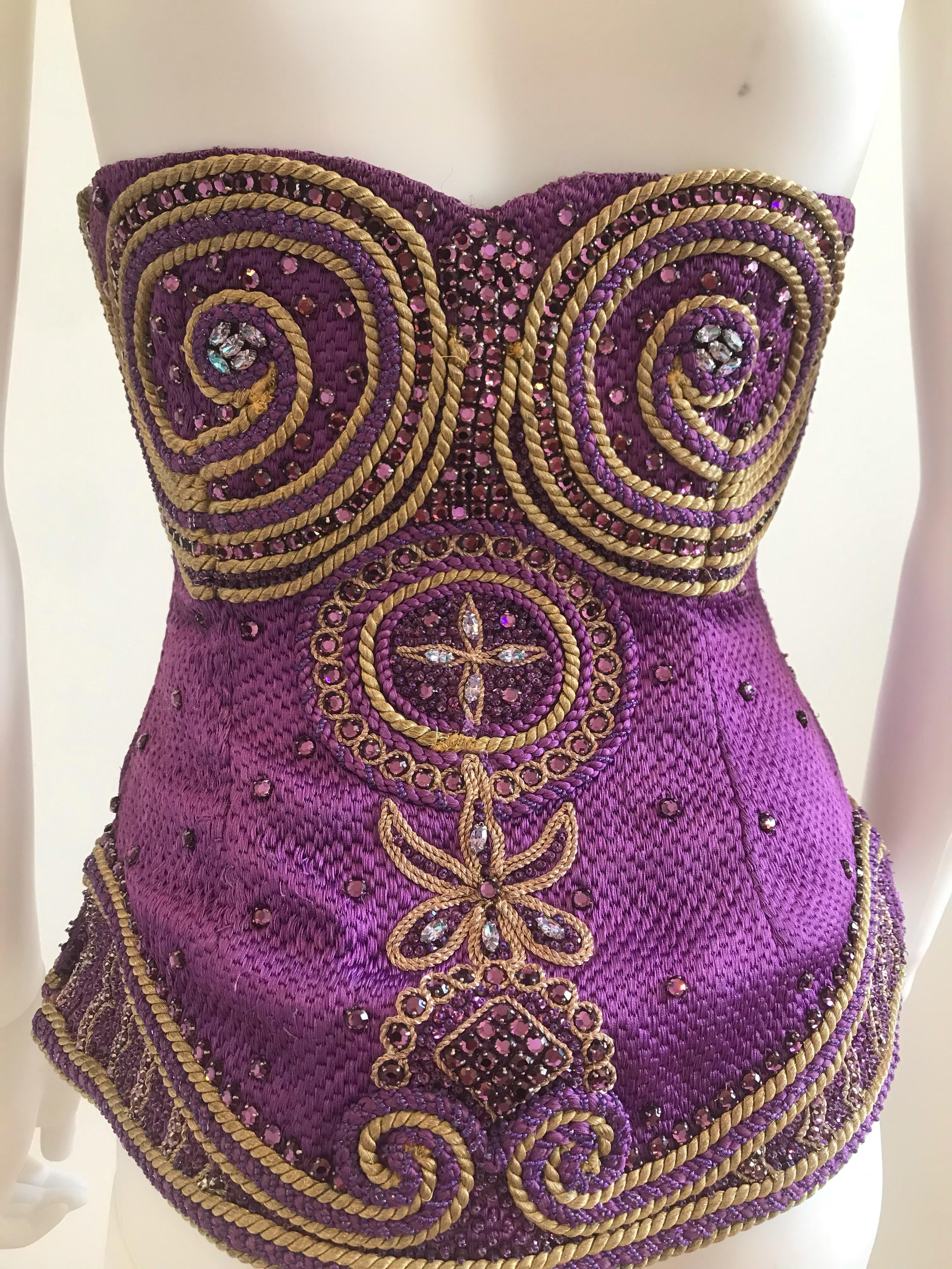 Gray Gianni Versace Couture Purple & Gold Embellished & Embroidered Bustier/Corset For Sale
