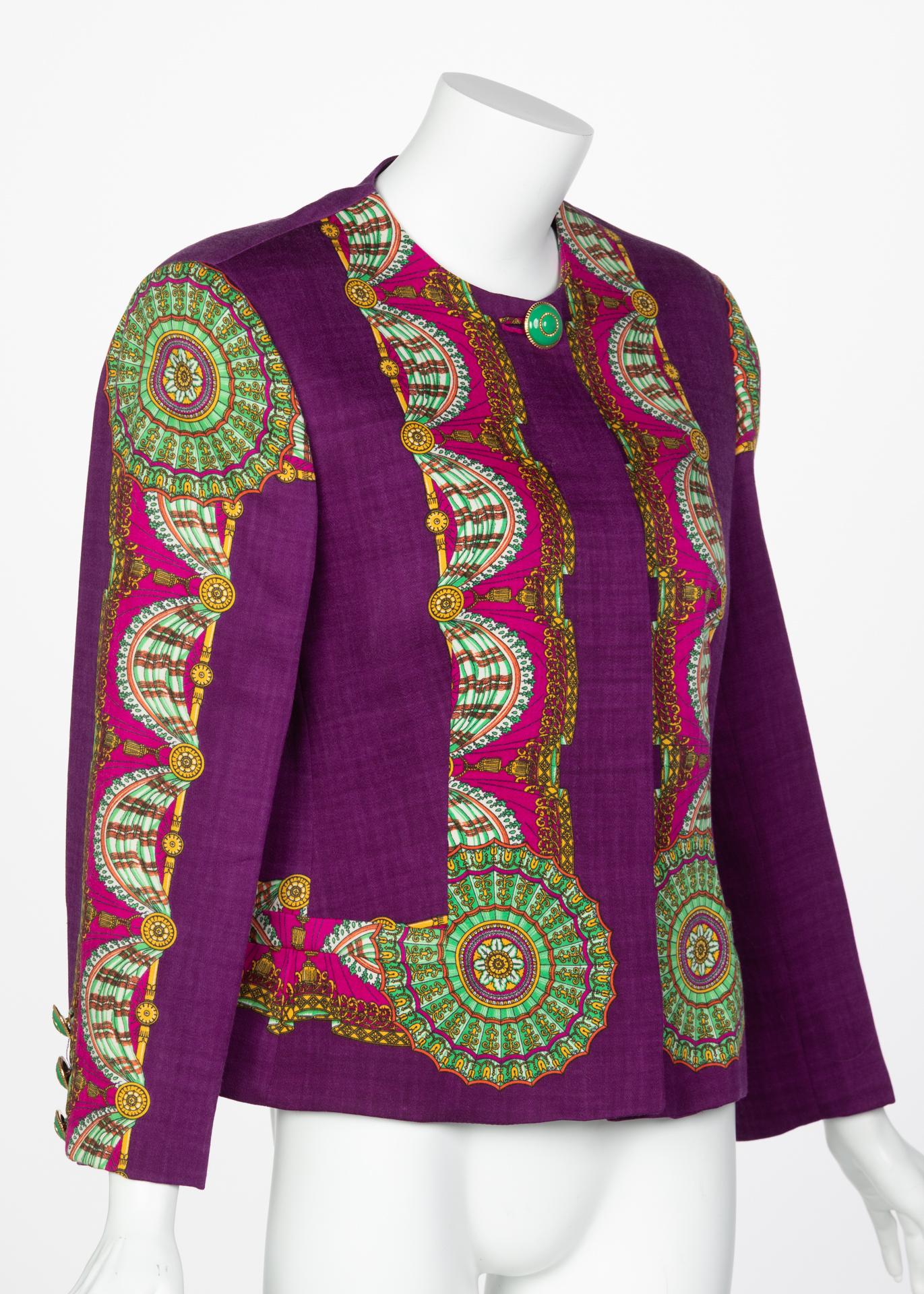 Gianni Versace Couture Purple Green Print Jacket, 1990s In Excellent Condition For Sale In Boca Raton, FL