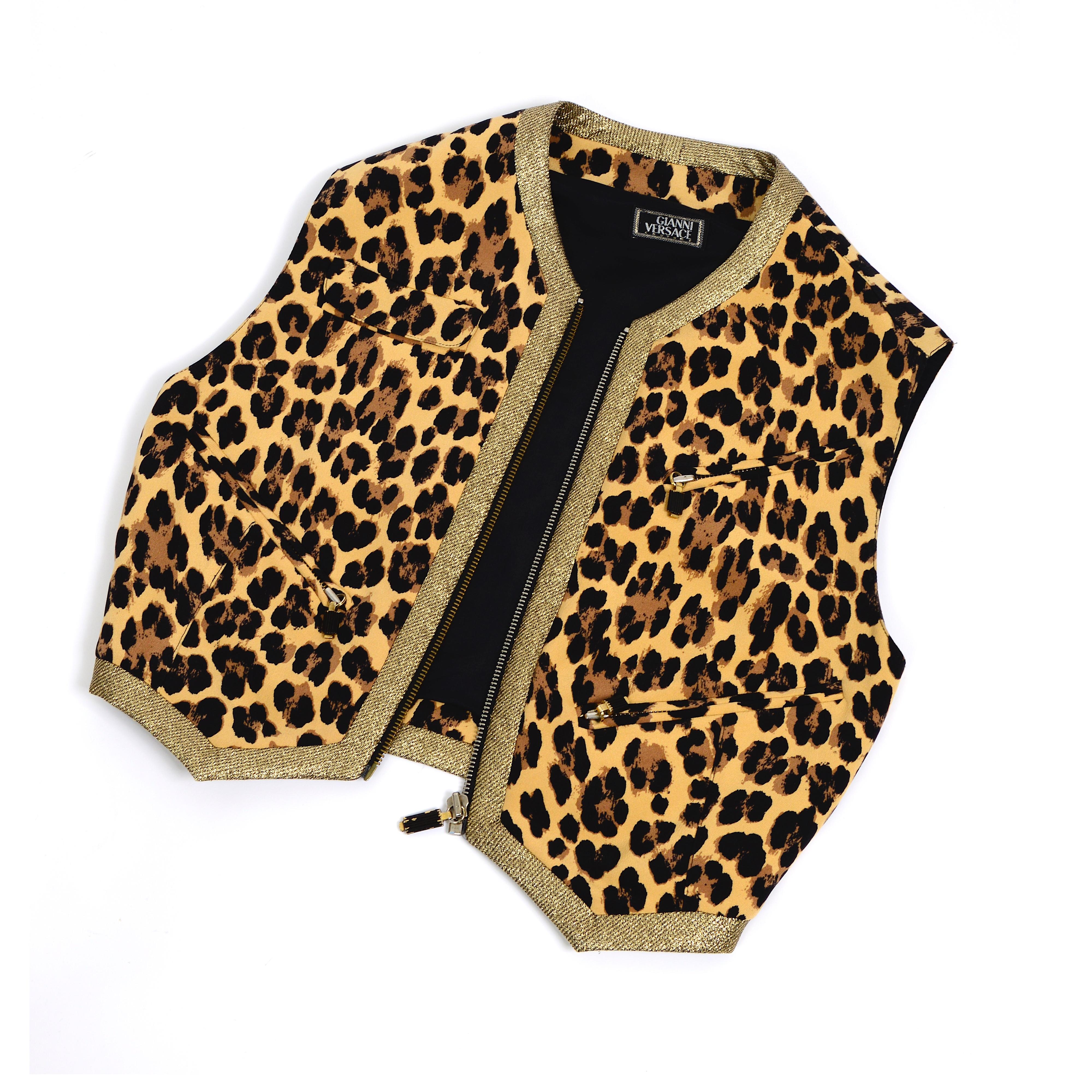 Gianni Versace couture runway SS 1992 documented silk leopard & gold lurex vest  For Sale 7