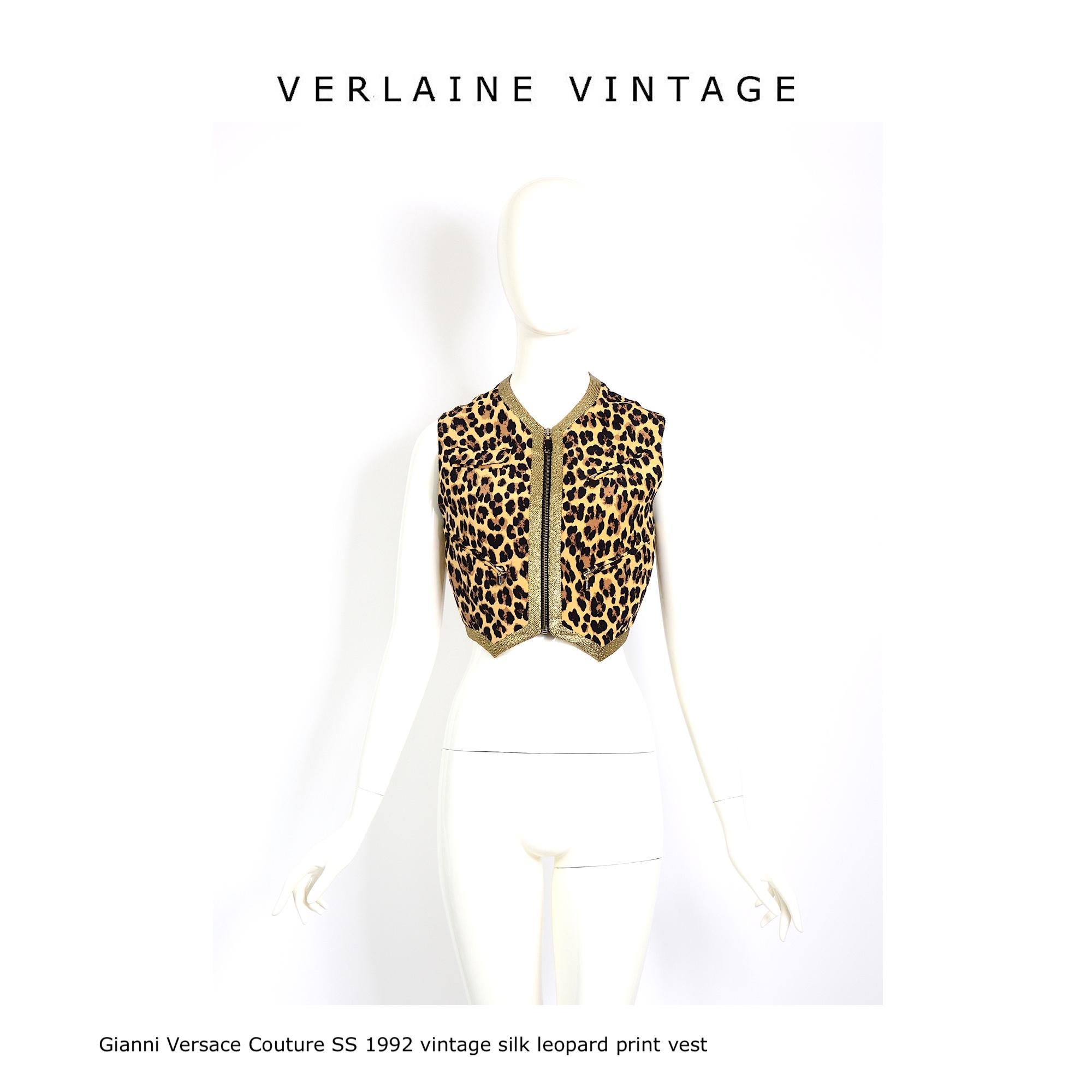 Gianni Versace couture runway SS 1992 documented silk leopard & gold lurex vest  For Sale 8