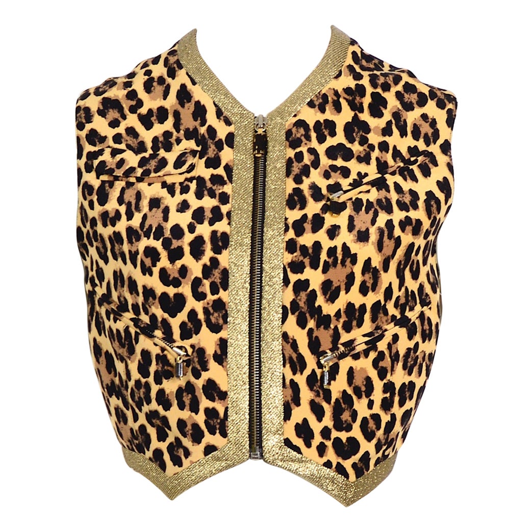 Gianni Versace Couture Pasarela SS 1992 documentada Chaleco de seda de leopardo y lúrex dorado