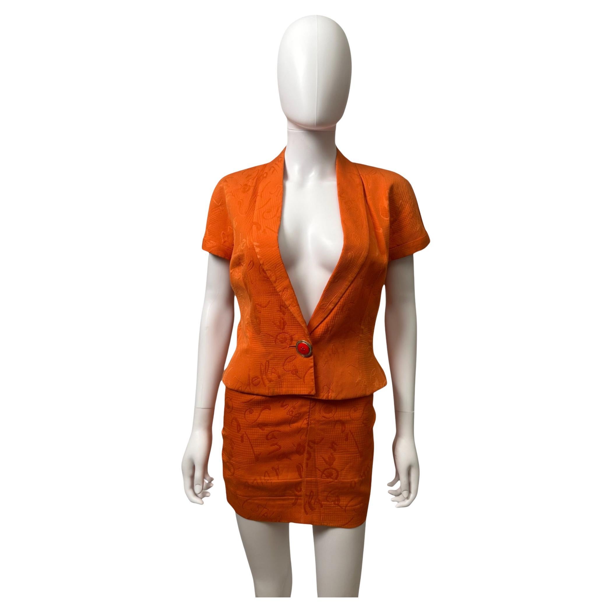 Gianni Versace Couture S/S 1991 Orange Letter Jacquard Tailleur IT 40 - S