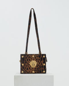 Gianni Versace Couture S/S 1992 Leopard print shoulder bag gold medusa medallion