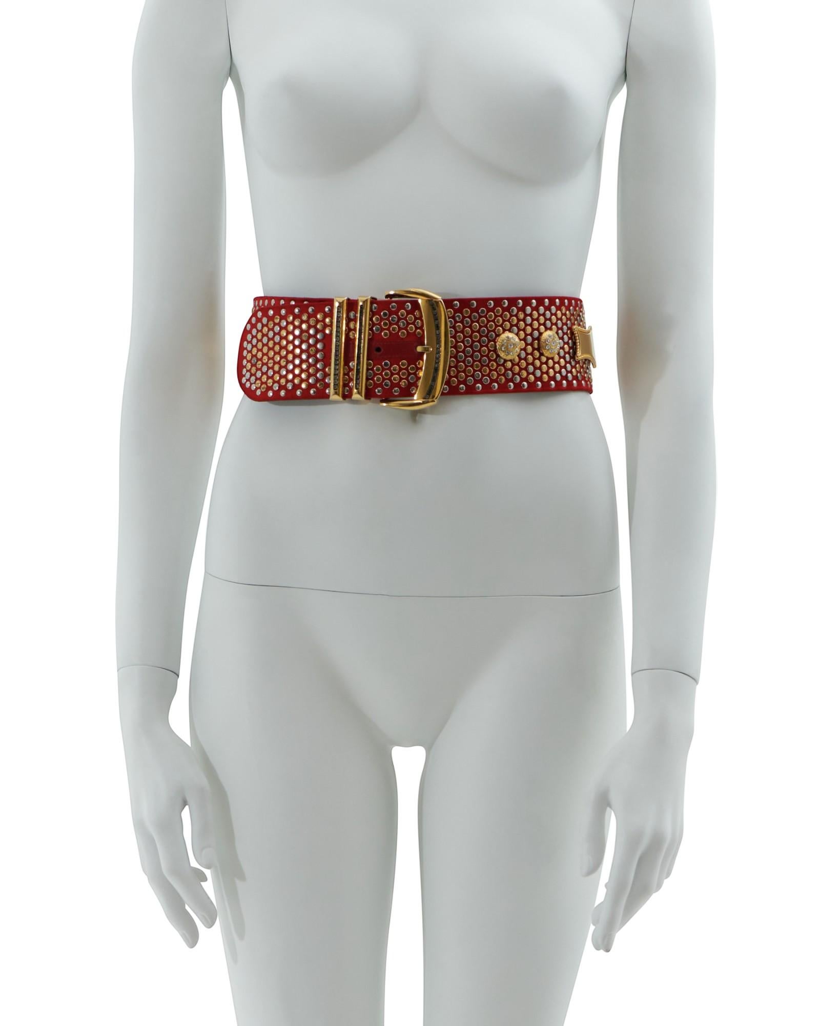 Brown Gianni Versace Couture S/S 1993 Red studded rhinestone belt in vendita