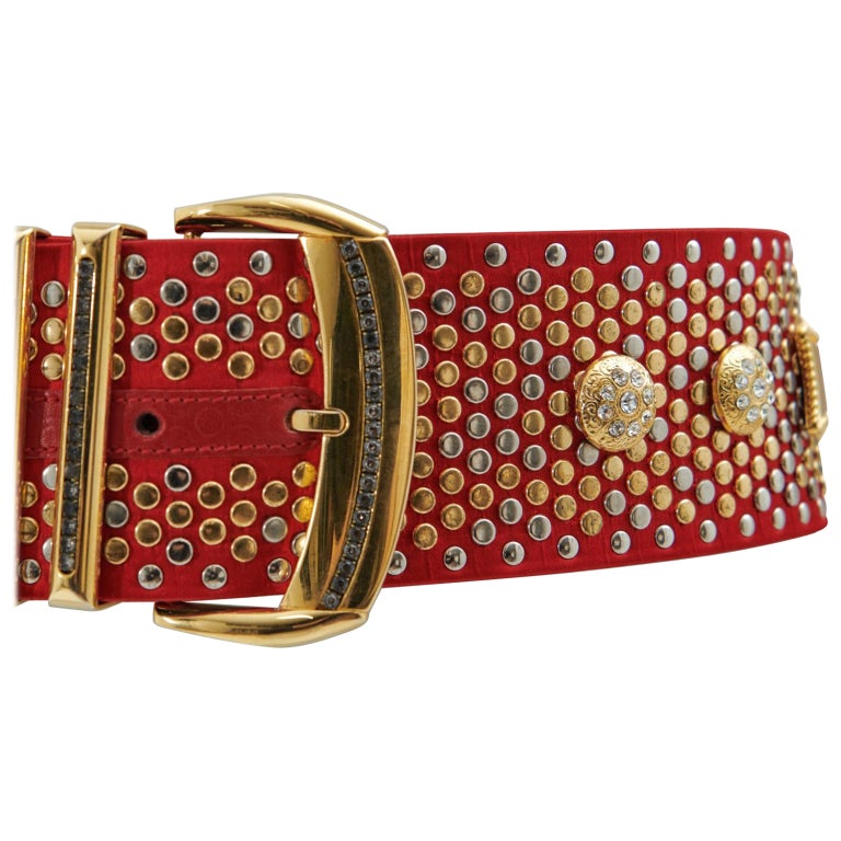 Versace Vintage Red Leather Belt Crystal-Embellished Western Buckle VERSACE GOLD WINGED MEDUSA BELT BUCKLE RED LEATHER Made In  main image 3