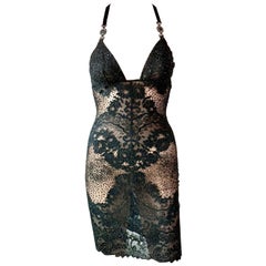 Gianni Versace Couture S/S 1996 Embellished Sheer Mesh Lace Black Mini Dress