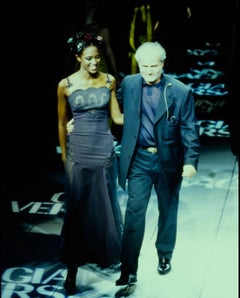 Gianni Versace Couture S/S 1997 Runway Naomi Campbell Sheer Gray Lace Gown