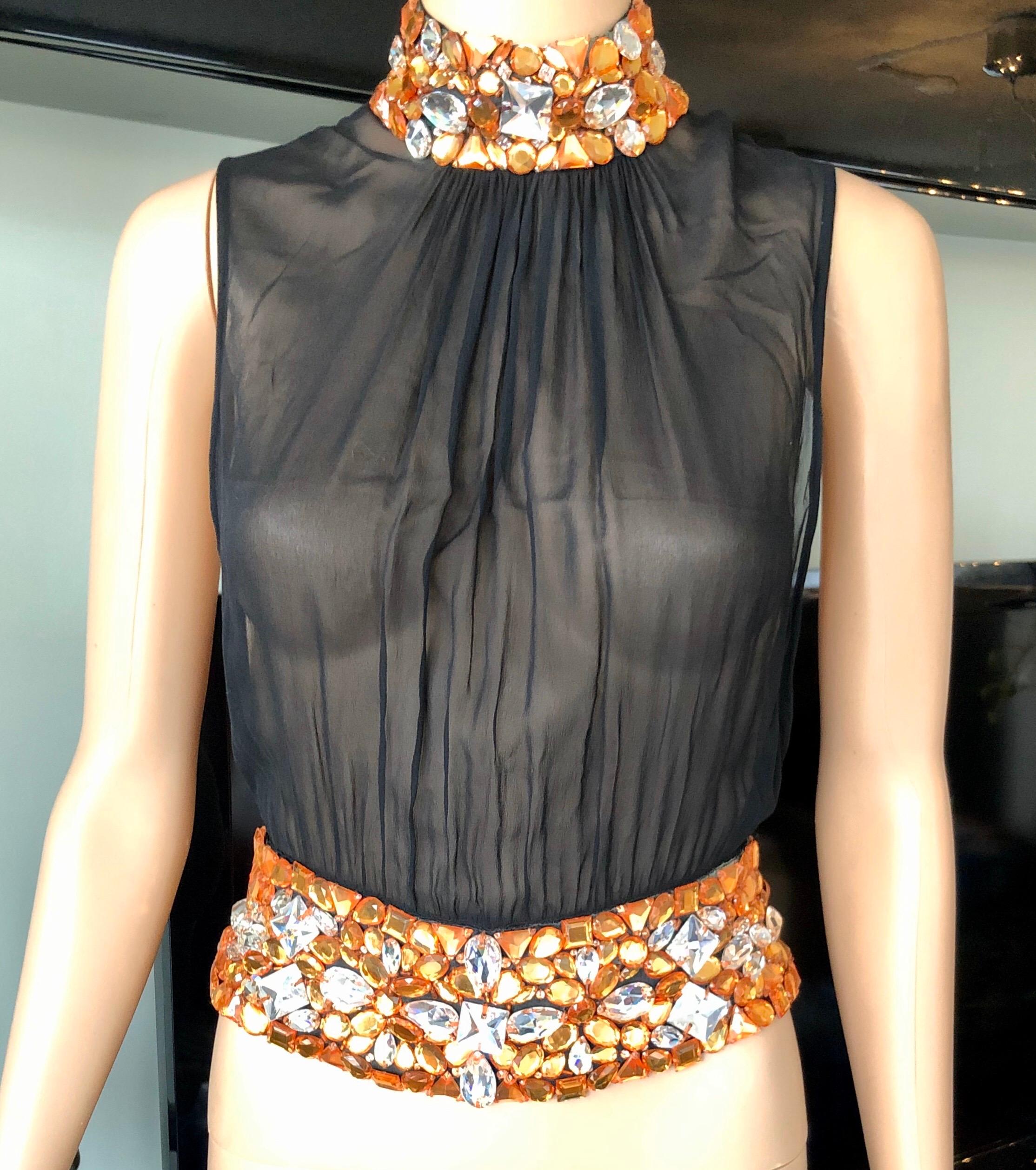 Gianni Versace Couture S/S 2000 Runway Embellished Sheer Black Top IT 40 3