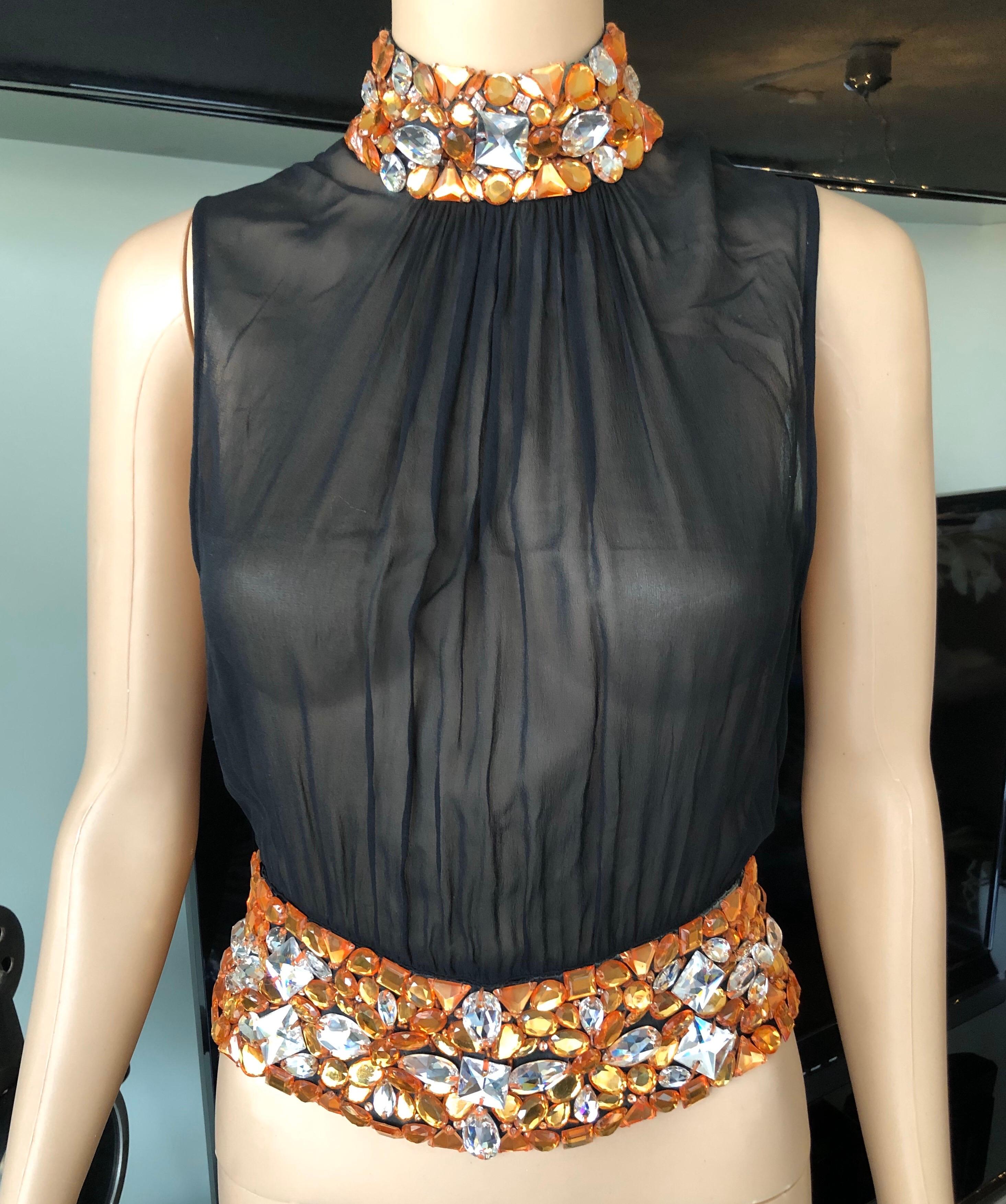 Gianni Versace Couture S/S 2000 Runway Embellished Sheer Black Top IT 40 5
