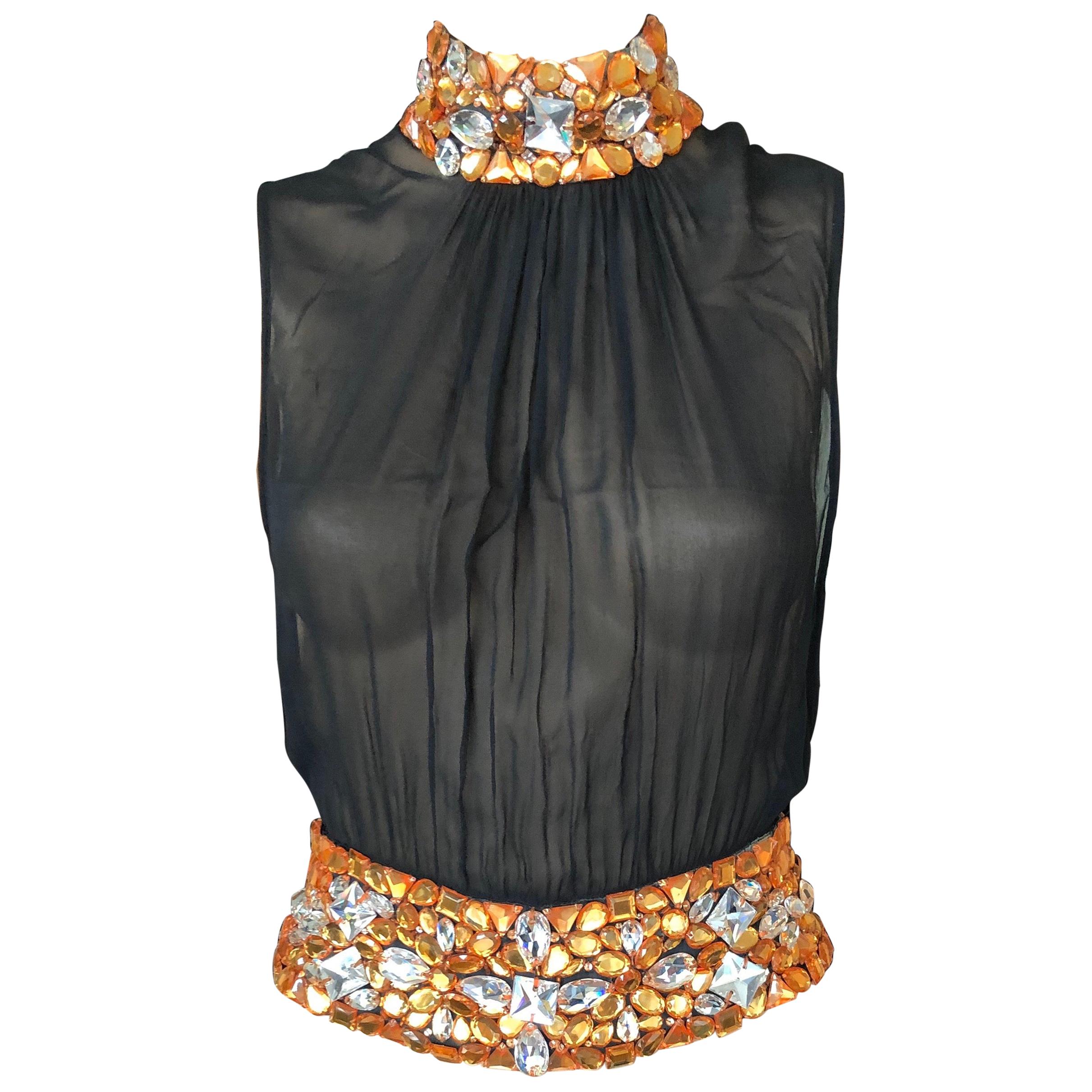 Gianni Versace Couture S/S 2000 Runway Embellished Sheer Black Top IT 40