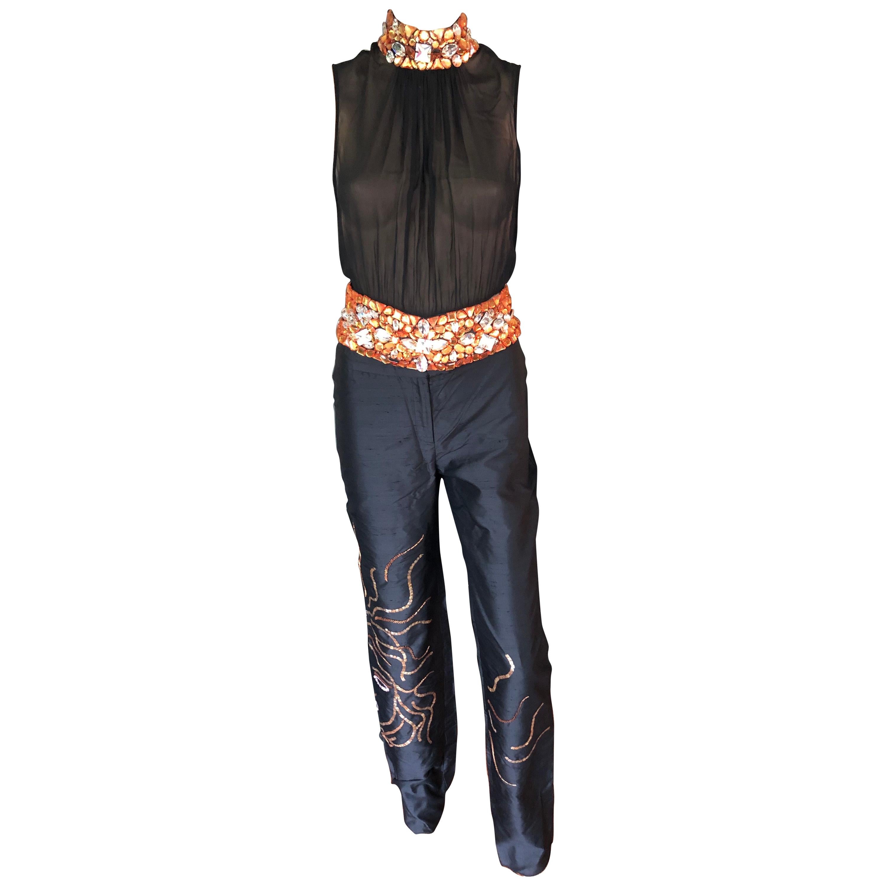Gianni Versace Couture S/S 2000 Runway Embellished Sheer Top & Pants 2 Piece Set For Sale