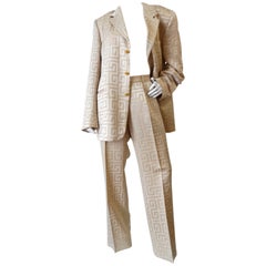 Gianni Versace Couture Silk Greek Key Printed Tan Suit, 1980s