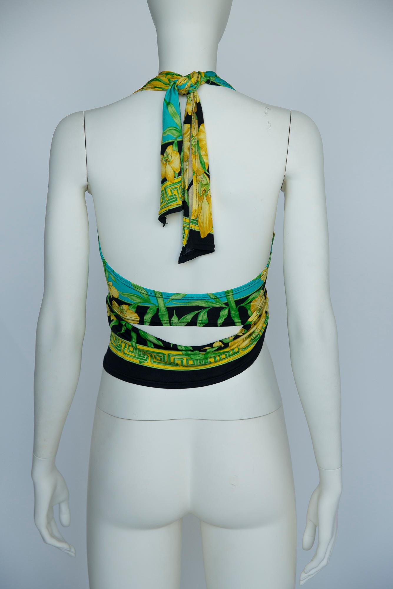 Gianni Versace Couture Orchids & Medusa Head Print Halterneck Top, SS2000 For Sale 6