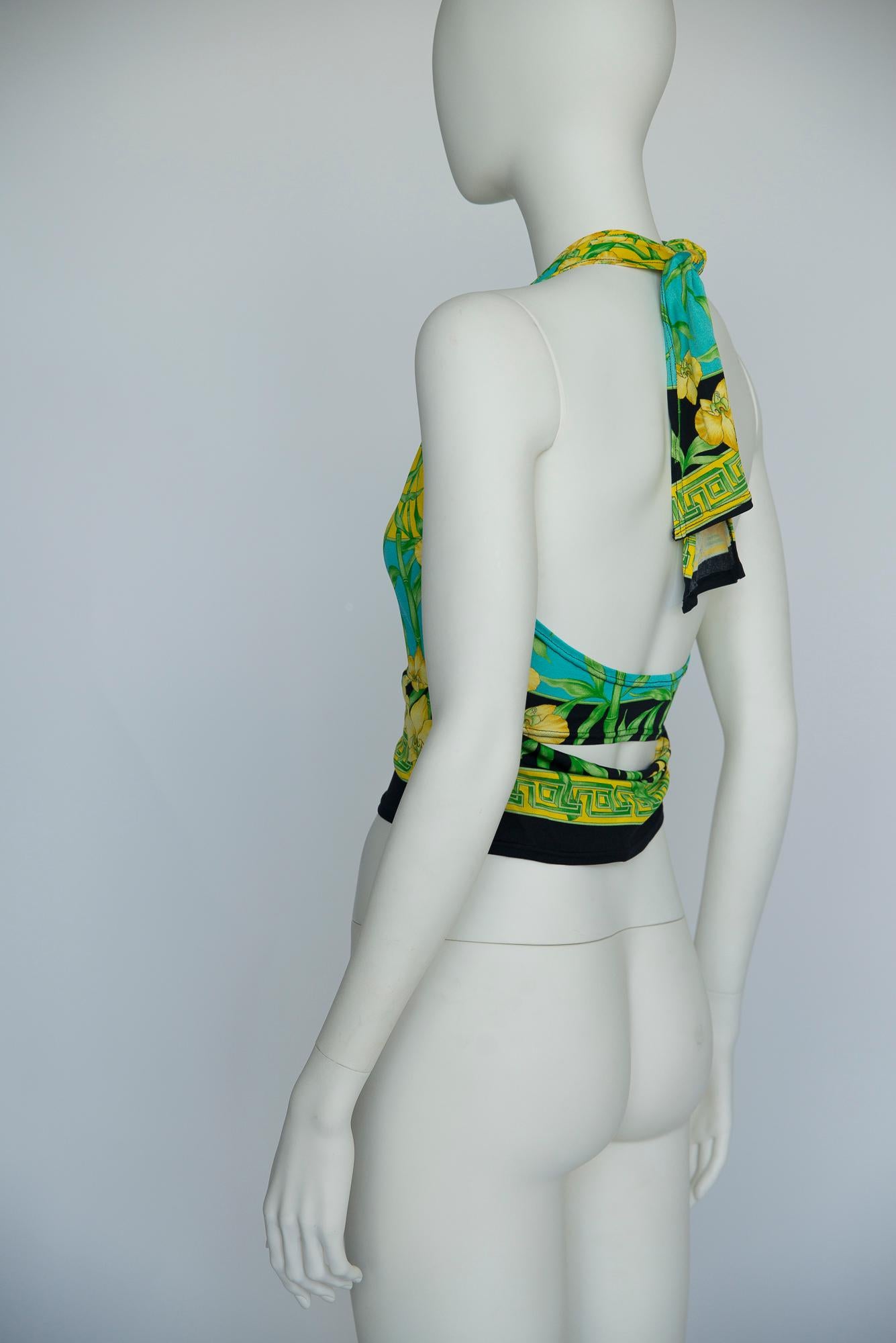 Gianni Versace Couture Orchids & Medusa Head Print Halterneck Top, SS2000 For Sale 7