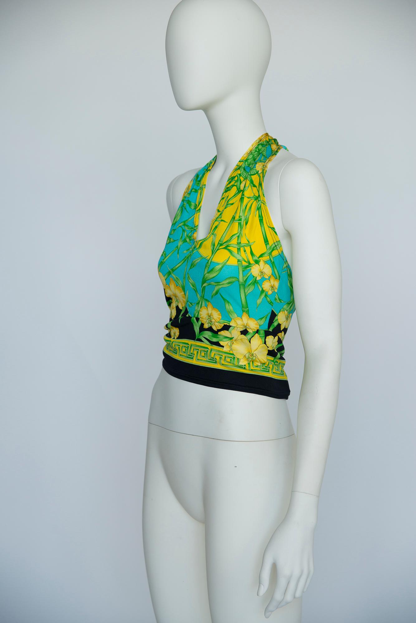 Gianni Versace Couture Orchids & Medusa Head Print Halterneck Top, SS2000 For Sale 8