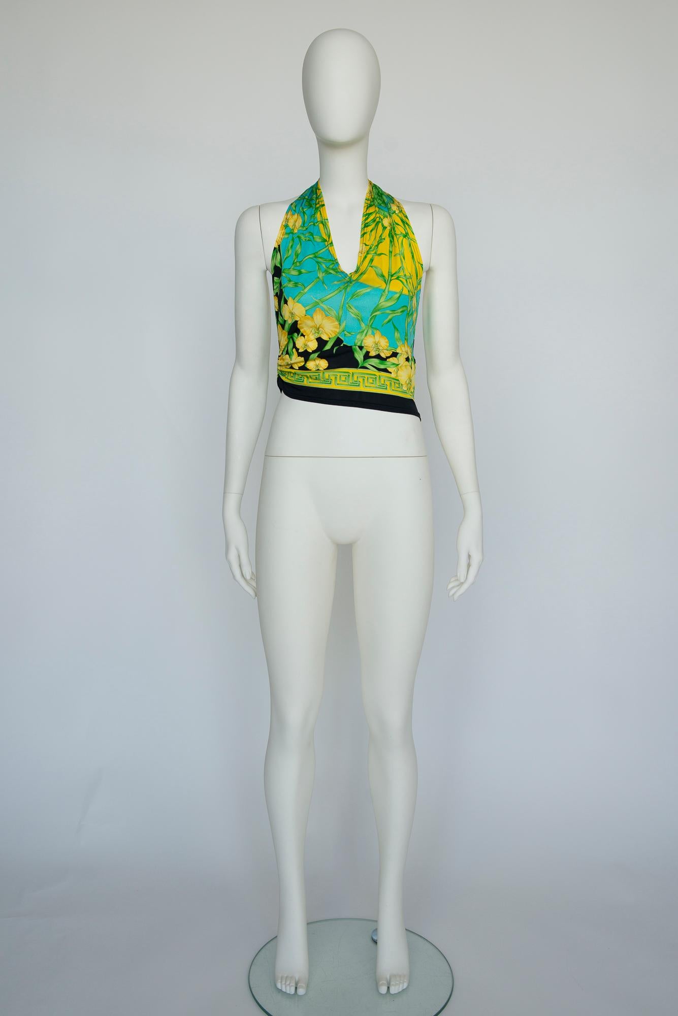 Green Gianni Versace Couture Orchids & Medusa Head Print Halterneck Top, SS2000 For Sale