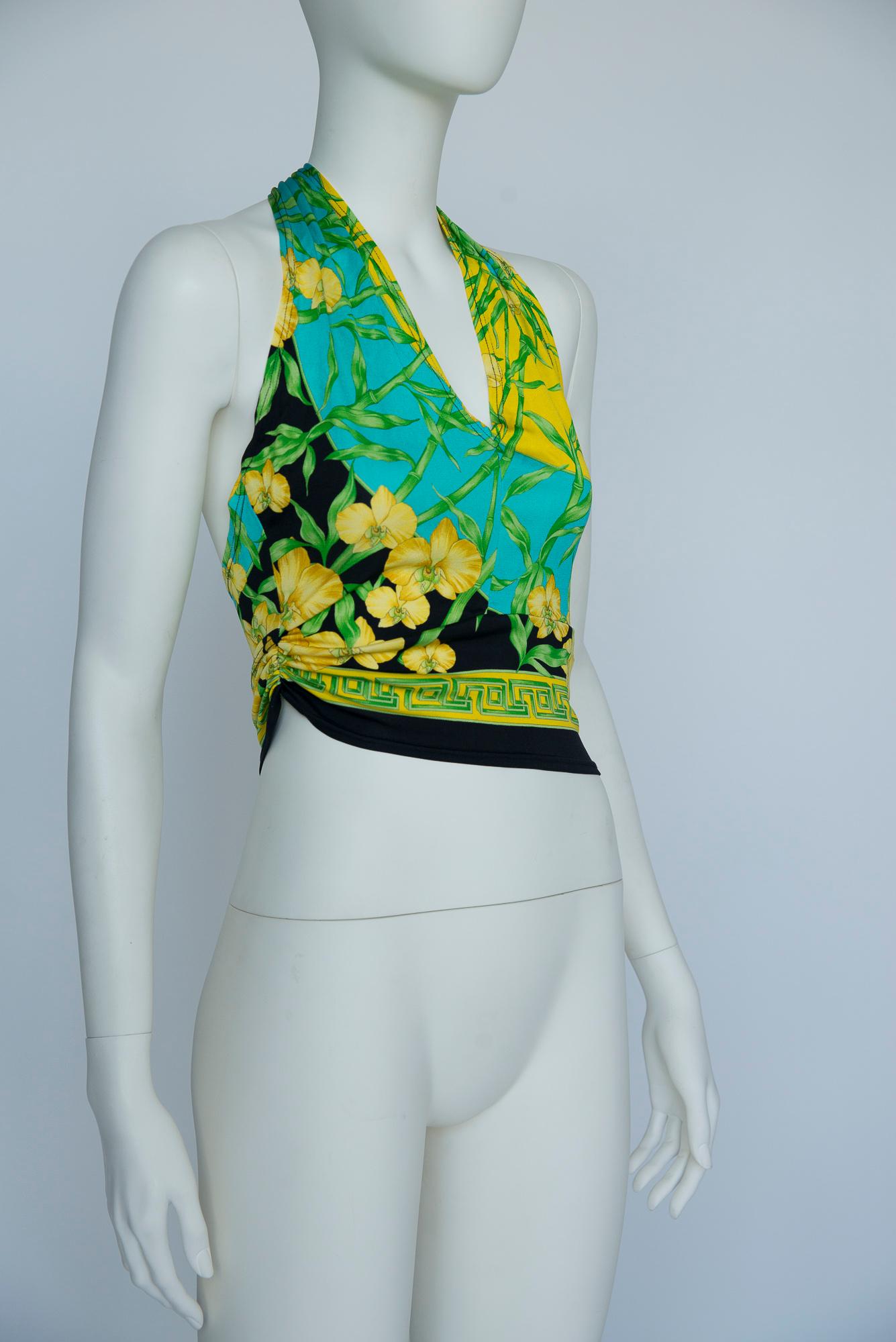 Gianni Versace Couture Orchids & Medusa Head Print Halterneck Top, SS2000 For Sale 2