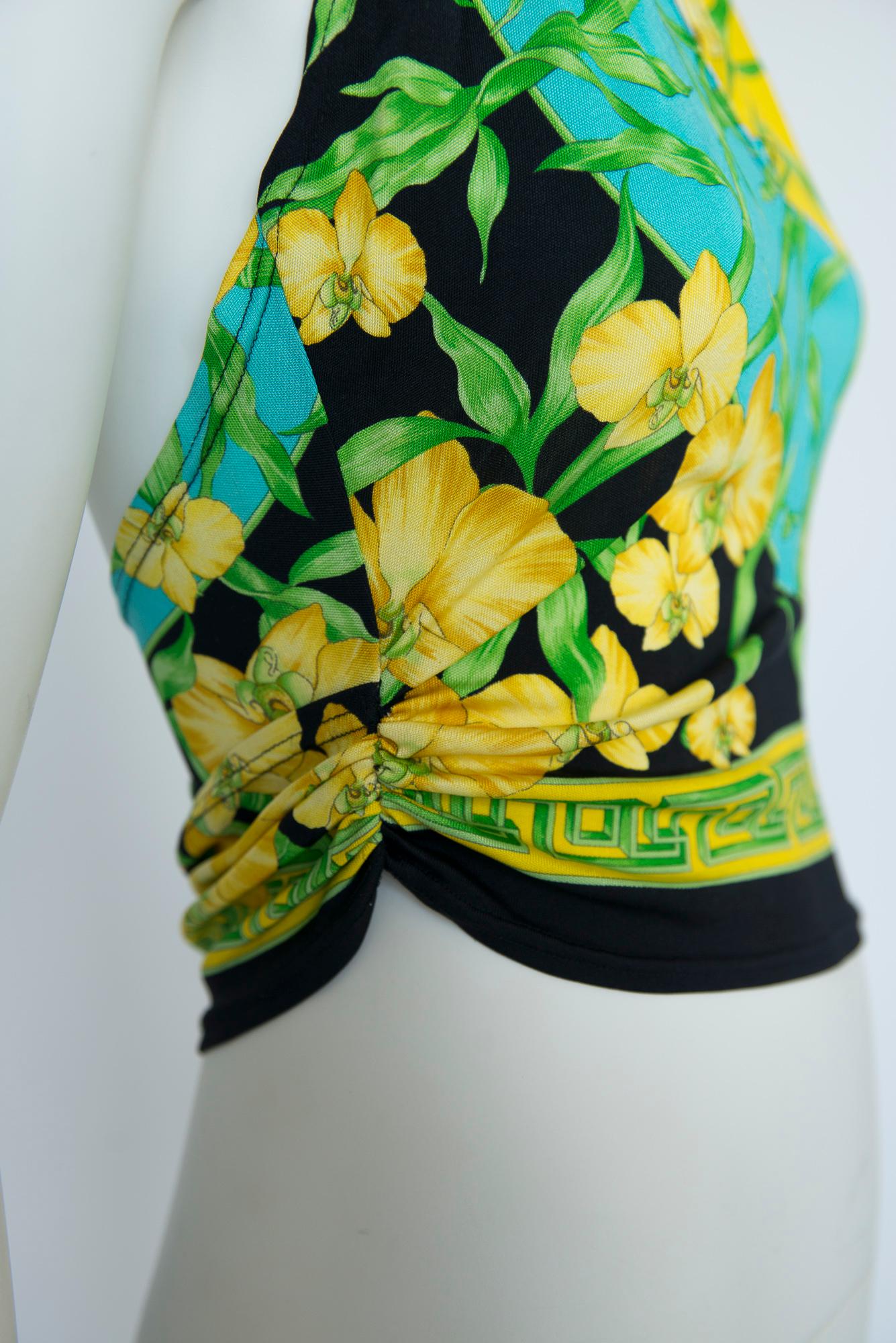 Gianni Versace Couture Orchids & Medusa Head Print Halterneck Top, SS2000 For Sale 3