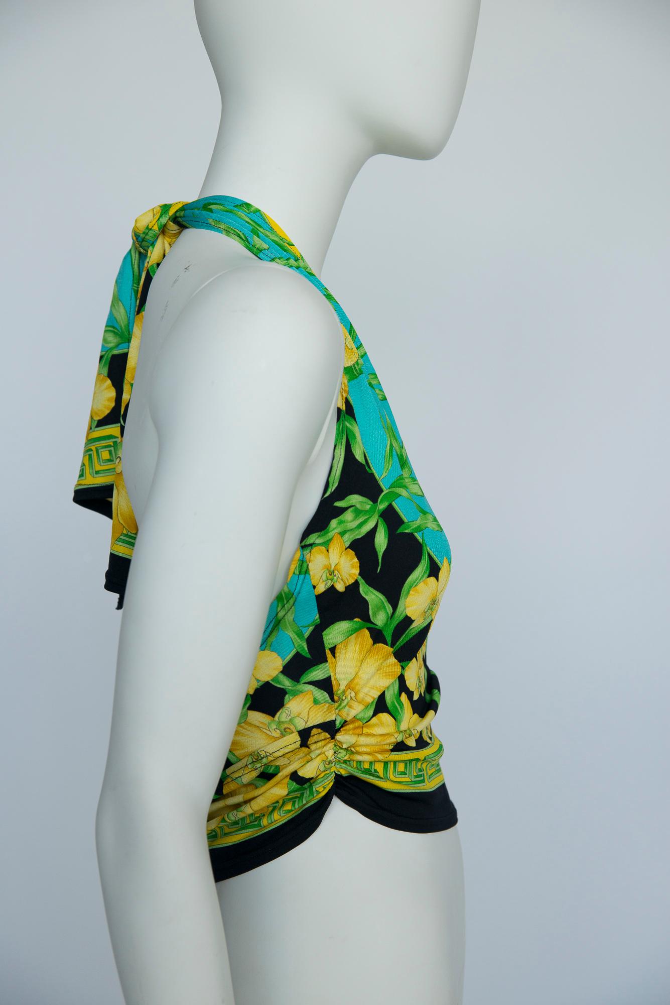 Gianni Versace Couture Orchids & Medusa Head Print Halterneck Top, SS2000 For Sale 4