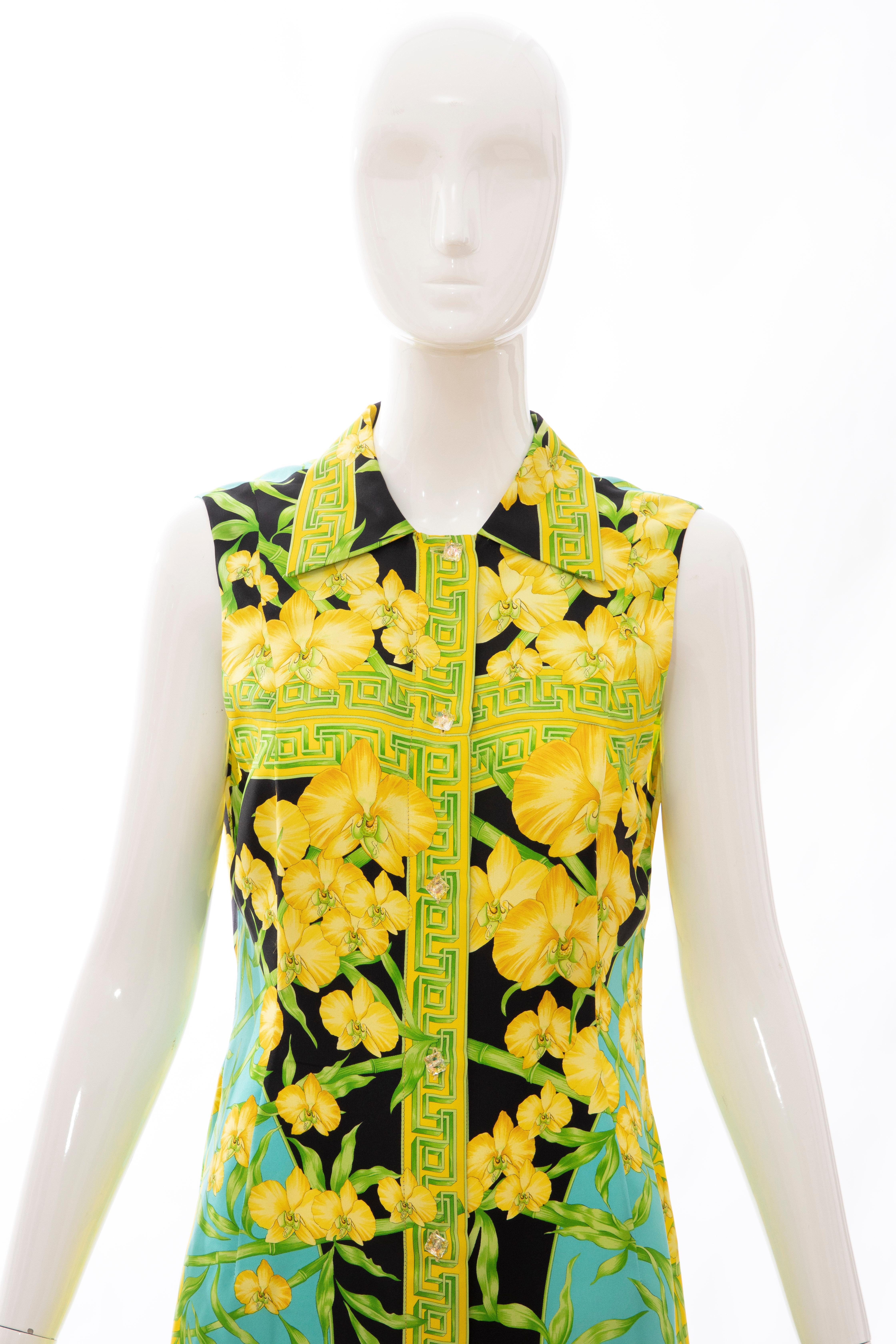 Gianni Versace Couture Silk Printed Yellow Orchids Sheath Dress, Circa: 1990's 6