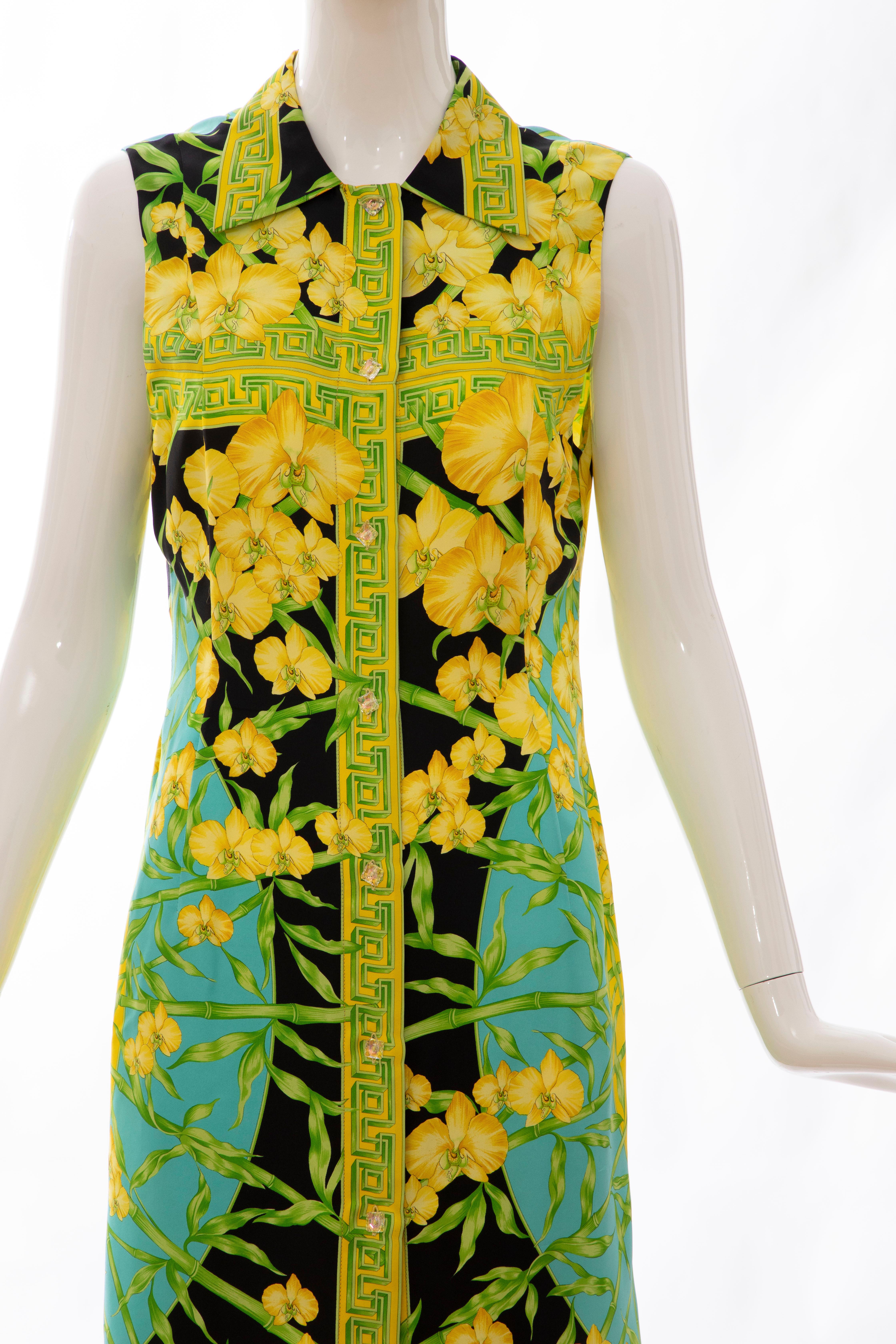 Beige Gianni Versace Couture Silk Printed Yellow Orchids Sheath Dress, Circa: 1990's
