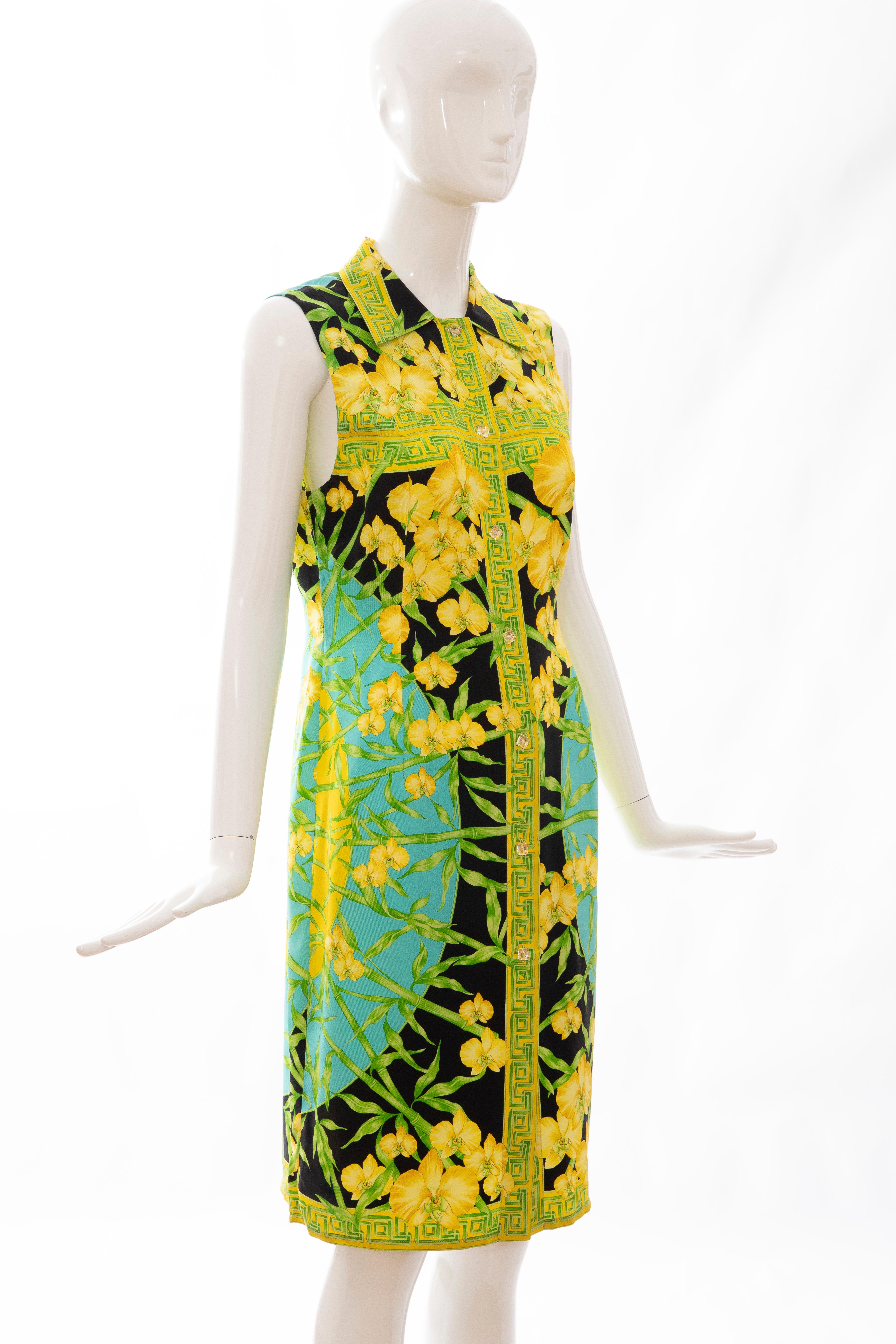 Gianni Versace Couture Silk Printed Yellow Orchids Sheath Dress, Circa: 1990's In Excellent Condition In Cincinnati, OH
