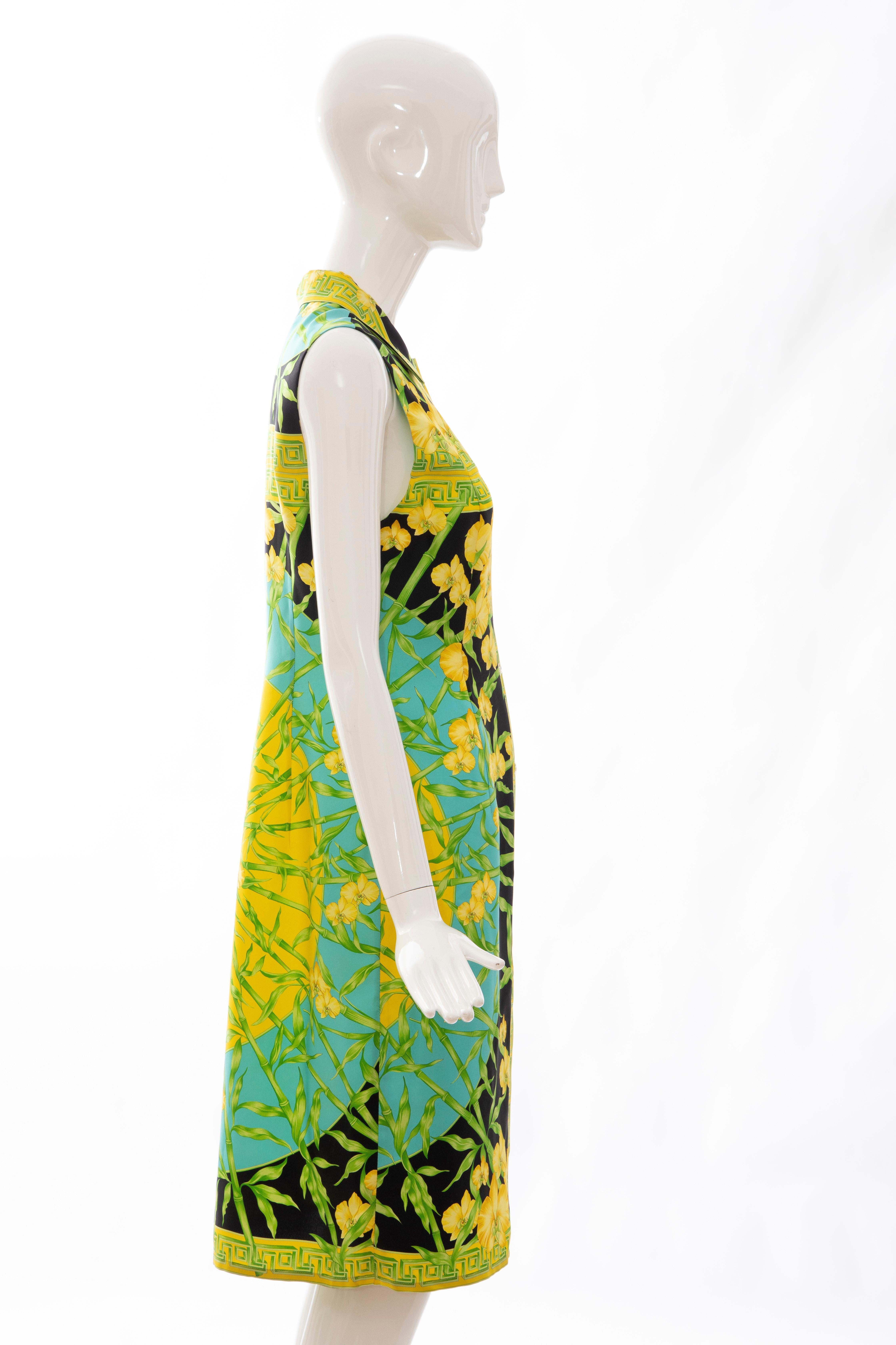 Women's Gianni Versace Couture Silk Printed Yellow Orchids Sheath Dress, Circa: 1990's