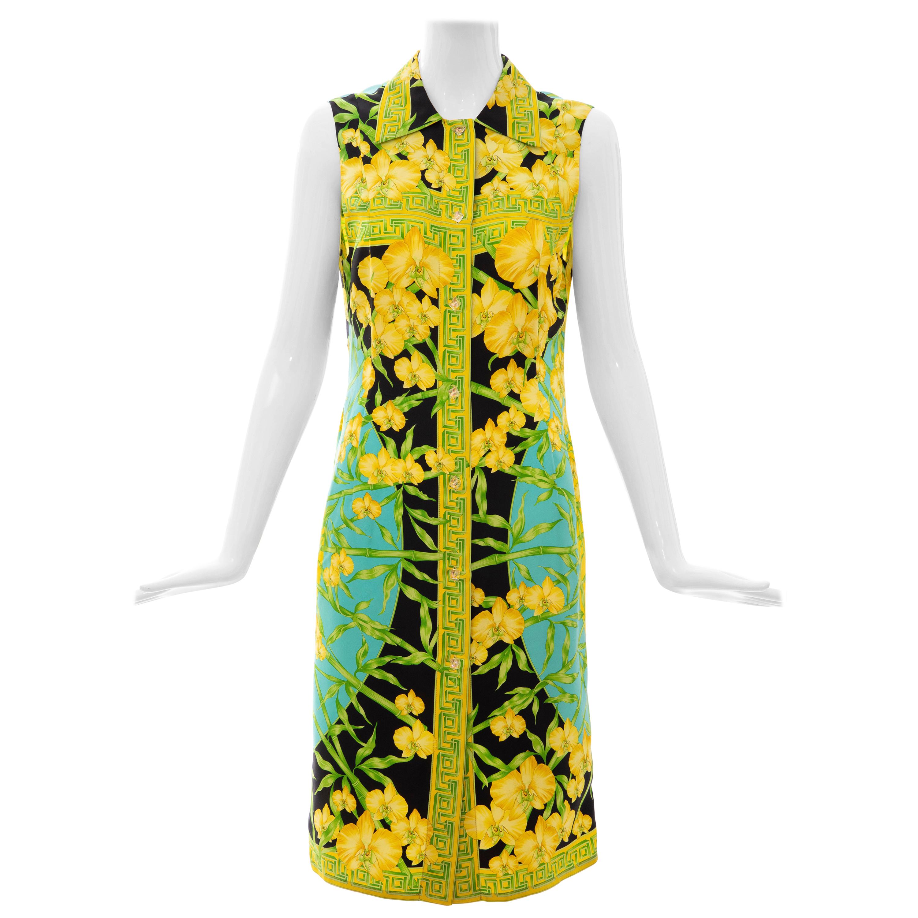 Gianni Versace Couture Silk Printed Yellow Orchids Sheath Dress, Circa: 1990's