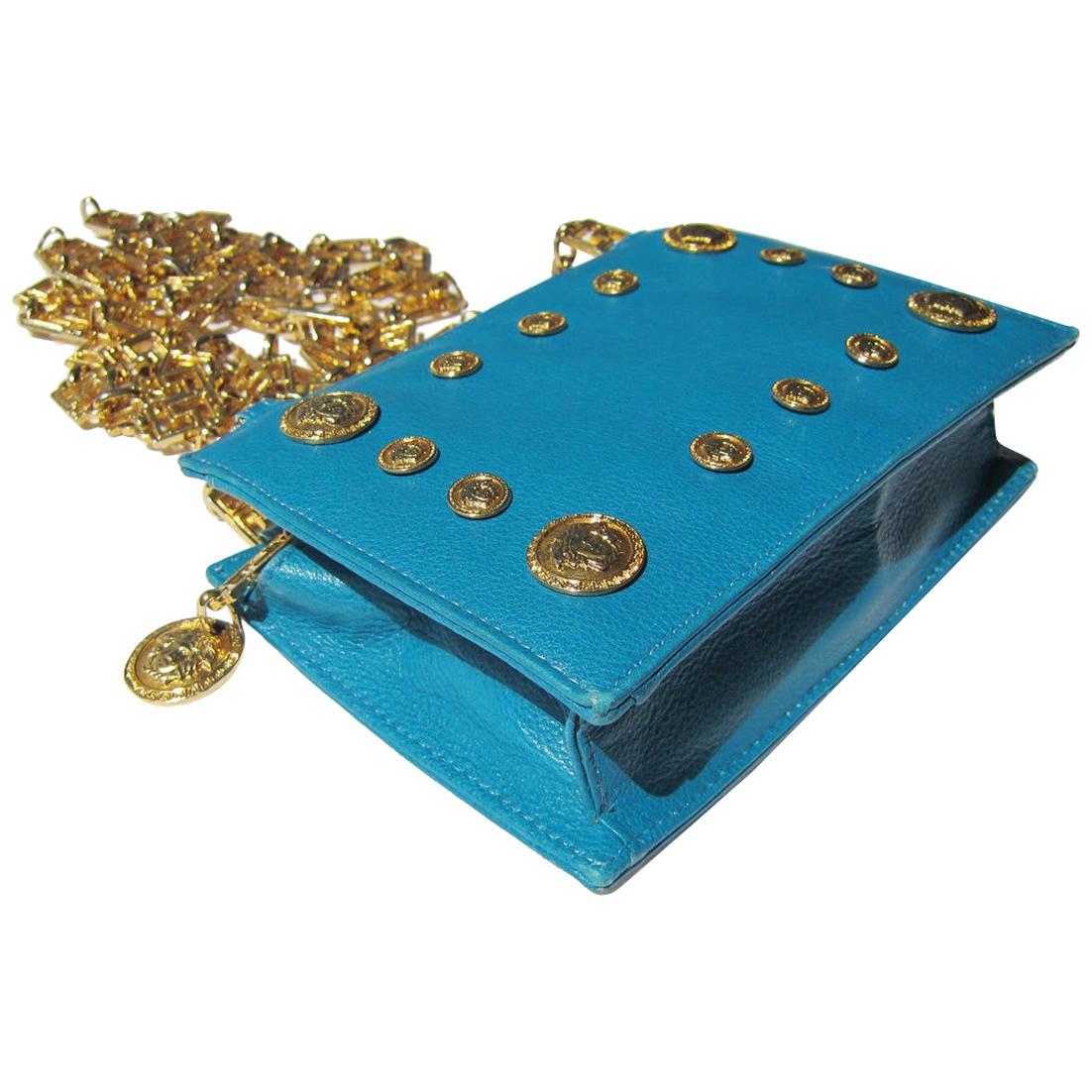 Gianni Versace Couture Turquoise Gold Medusa Chain Purse bag For Sale