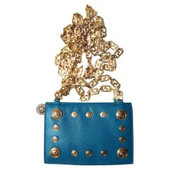 Gianni Versace Couture Turquoise Leather Gold Medusa Chain Purse bag