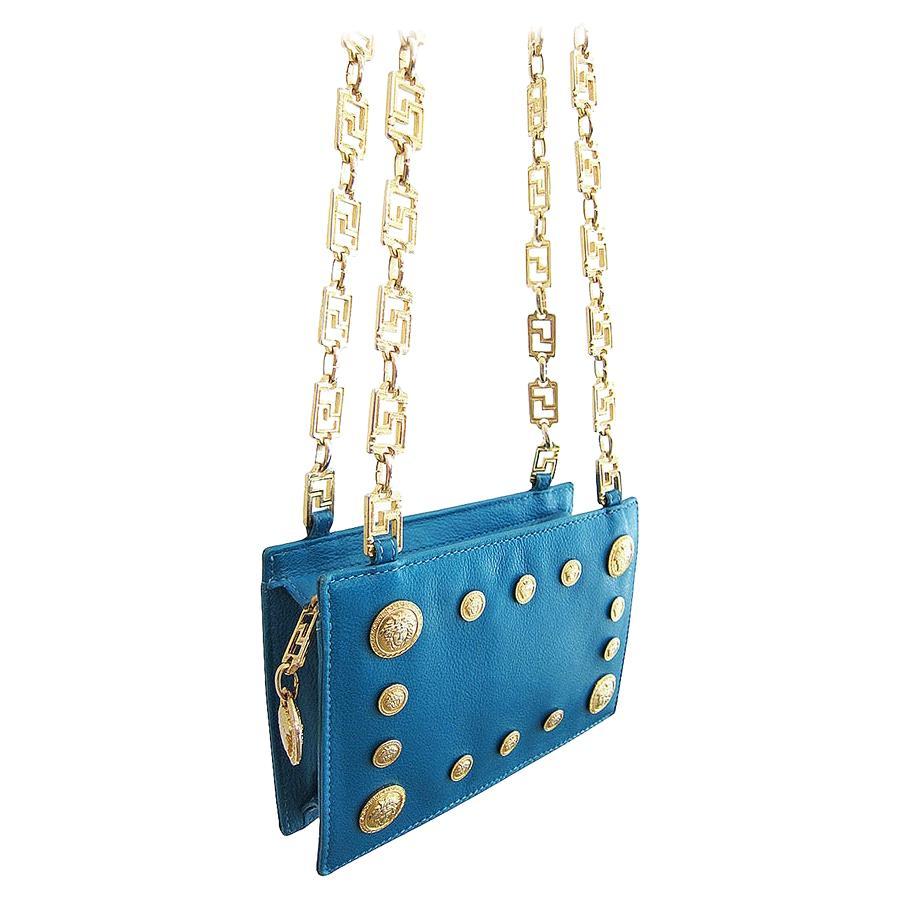 Gianni Versace Couture Turquoise Leather Gold Medusa Chain Purse bag  For Sale