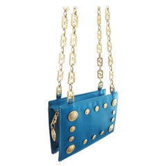 Used Gianni Versace Couture Turquoise Leather Gold Medusa Chain Purse bag 