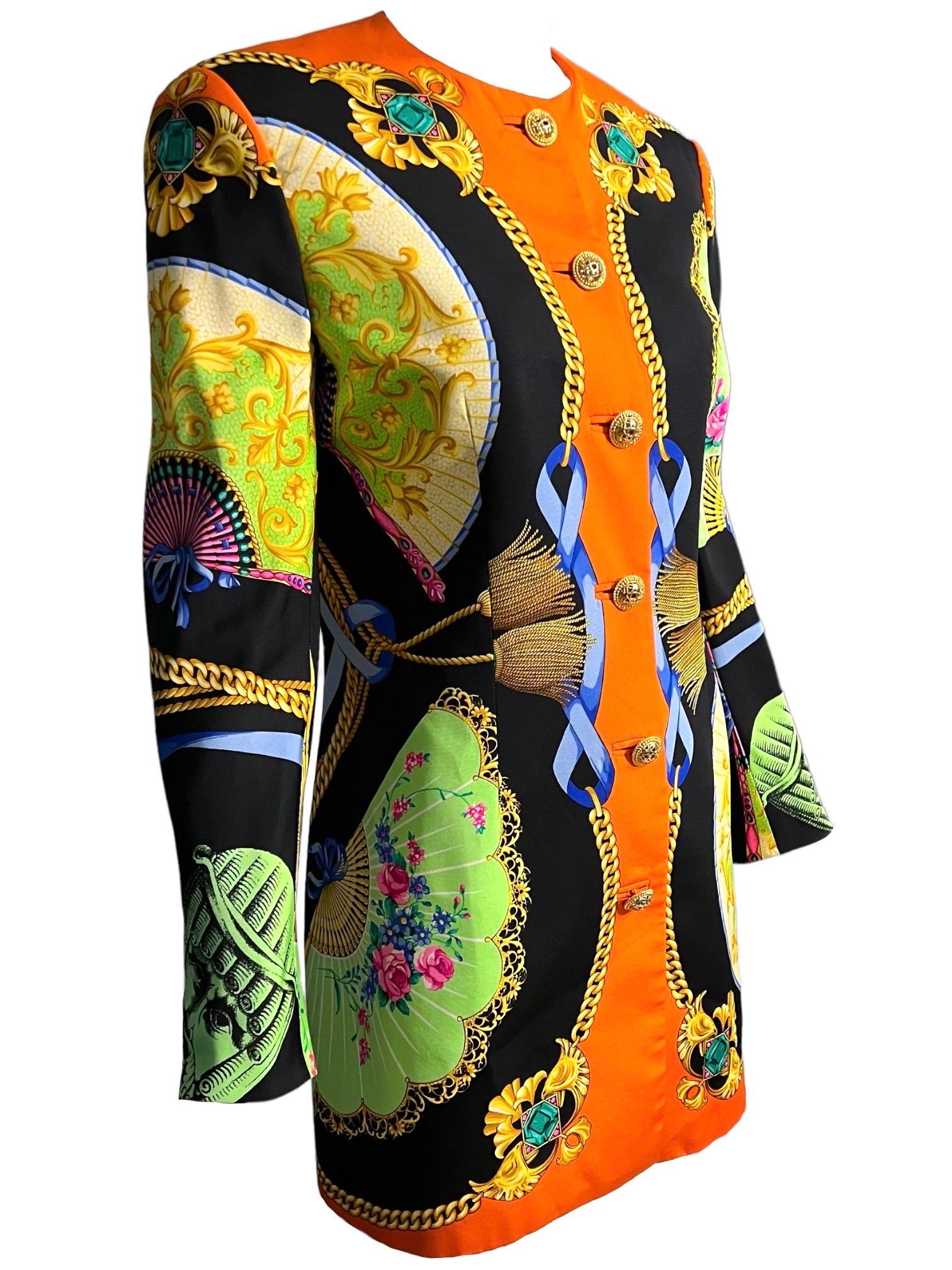 S/S 1991 Gianni Versace Couture Ventagli Atelier Printed Silk Jacket In Excellent Condition In Concord, NC
