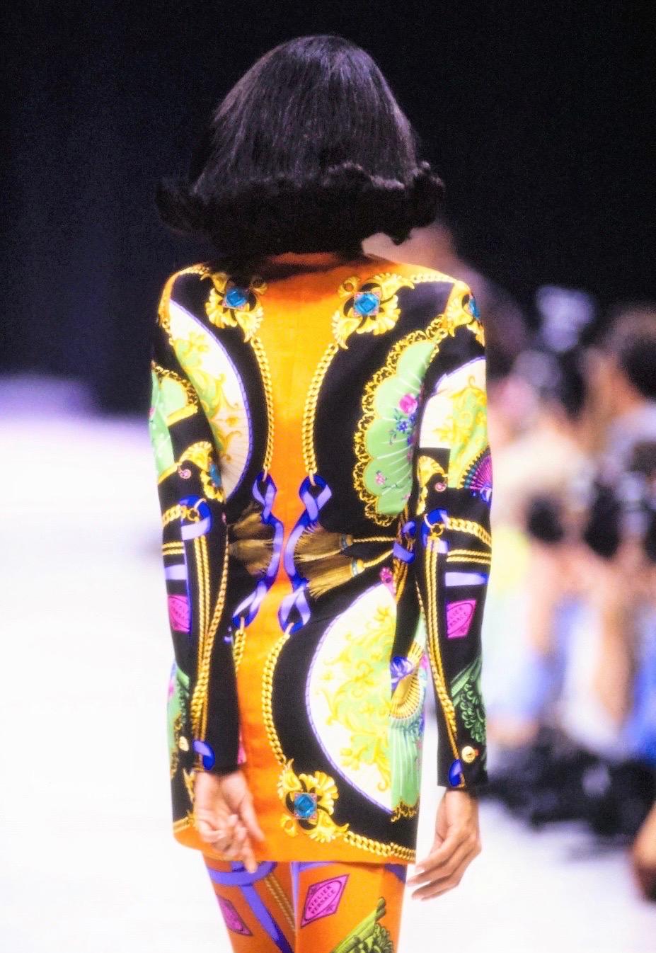 Brown S/S 1991 Gianni Versace Couture Ventagli Atelier Printed Silk Jacket