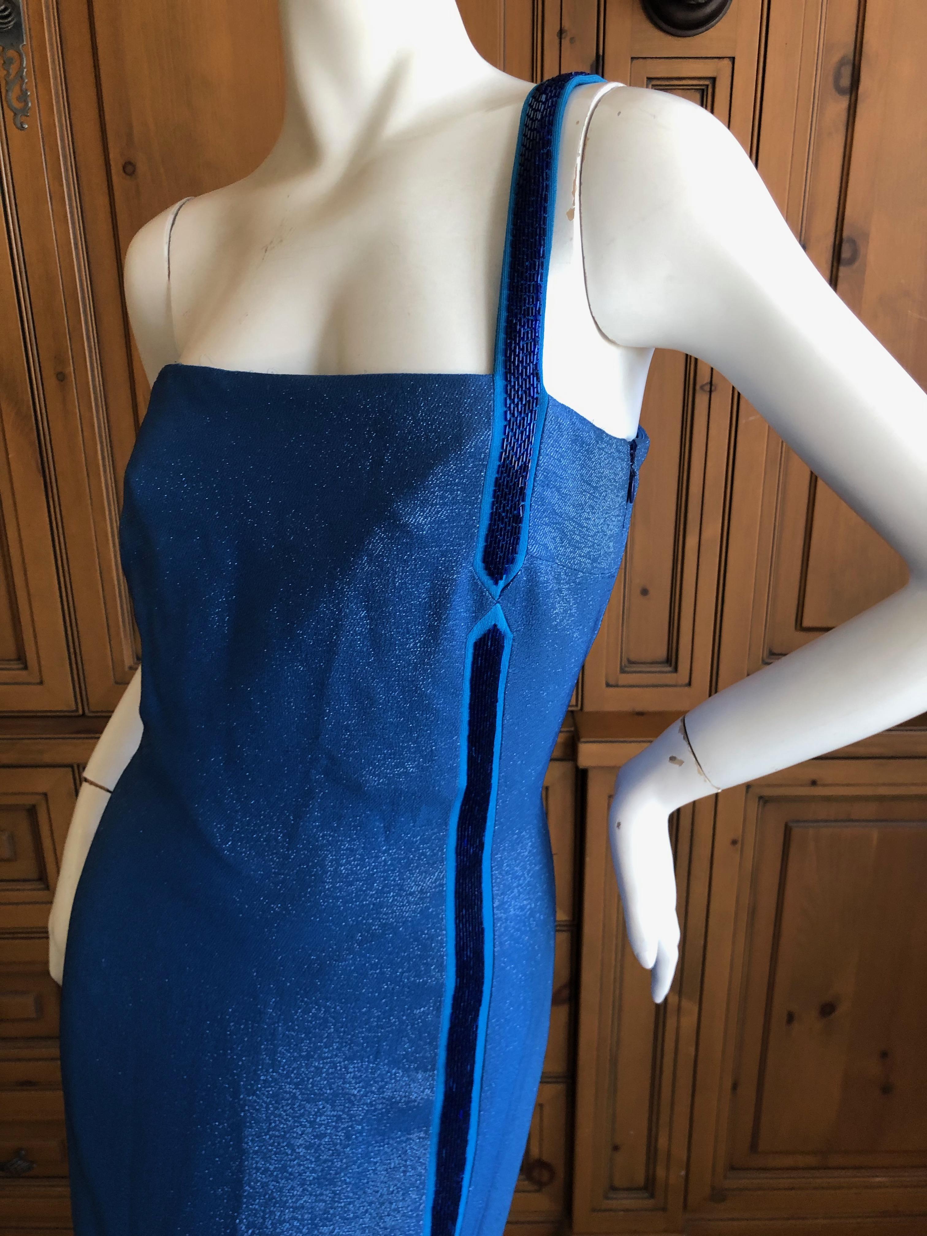 Gianni Versace Couture Vintage 80's Metallic Blue Evening Dress w Bugle Beads  For Sale 5