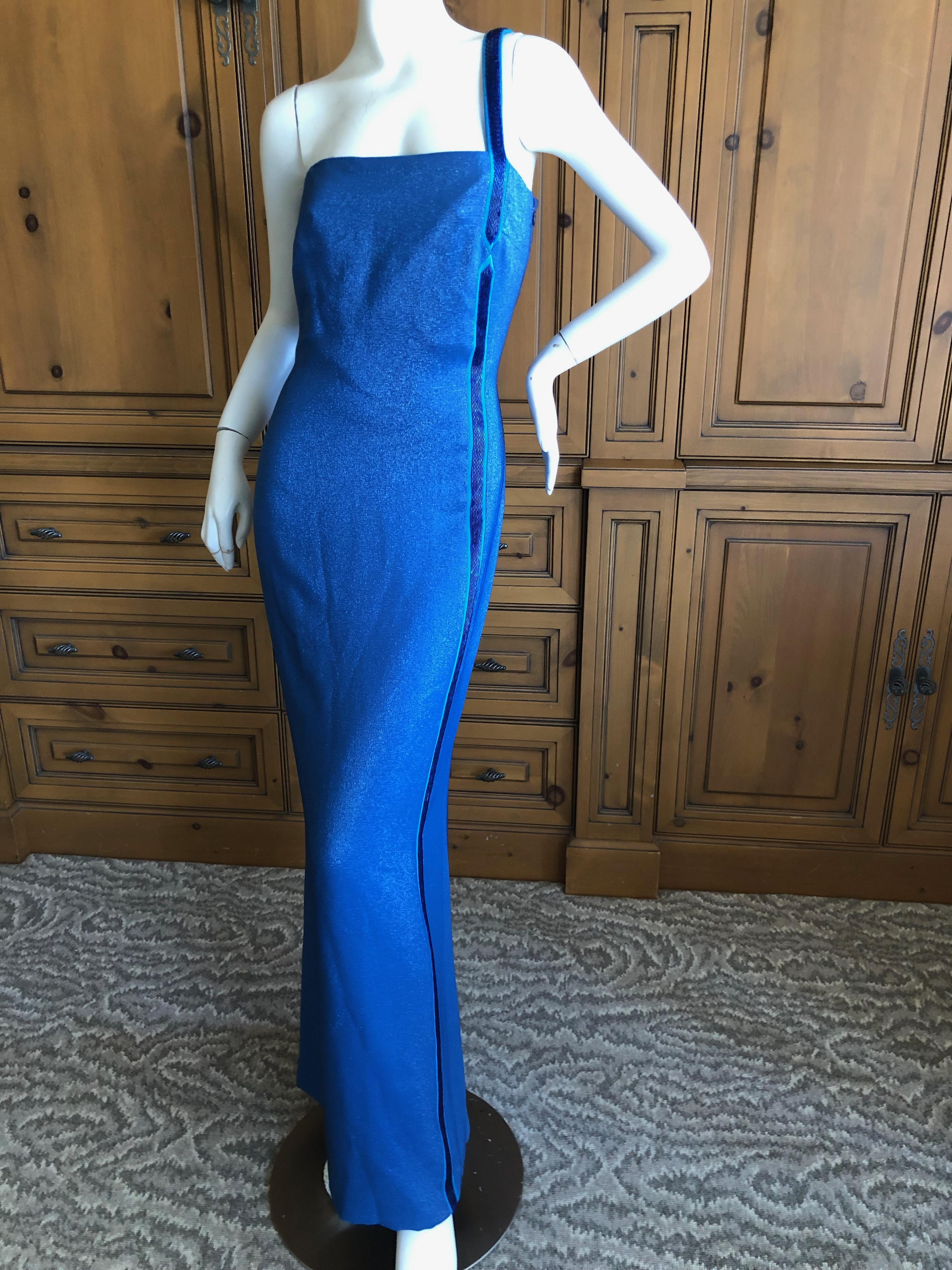 Women's Gianni Versace Couture Vintage 80's Metallic Blue Evening Dress w Bugle Beads  For Sale