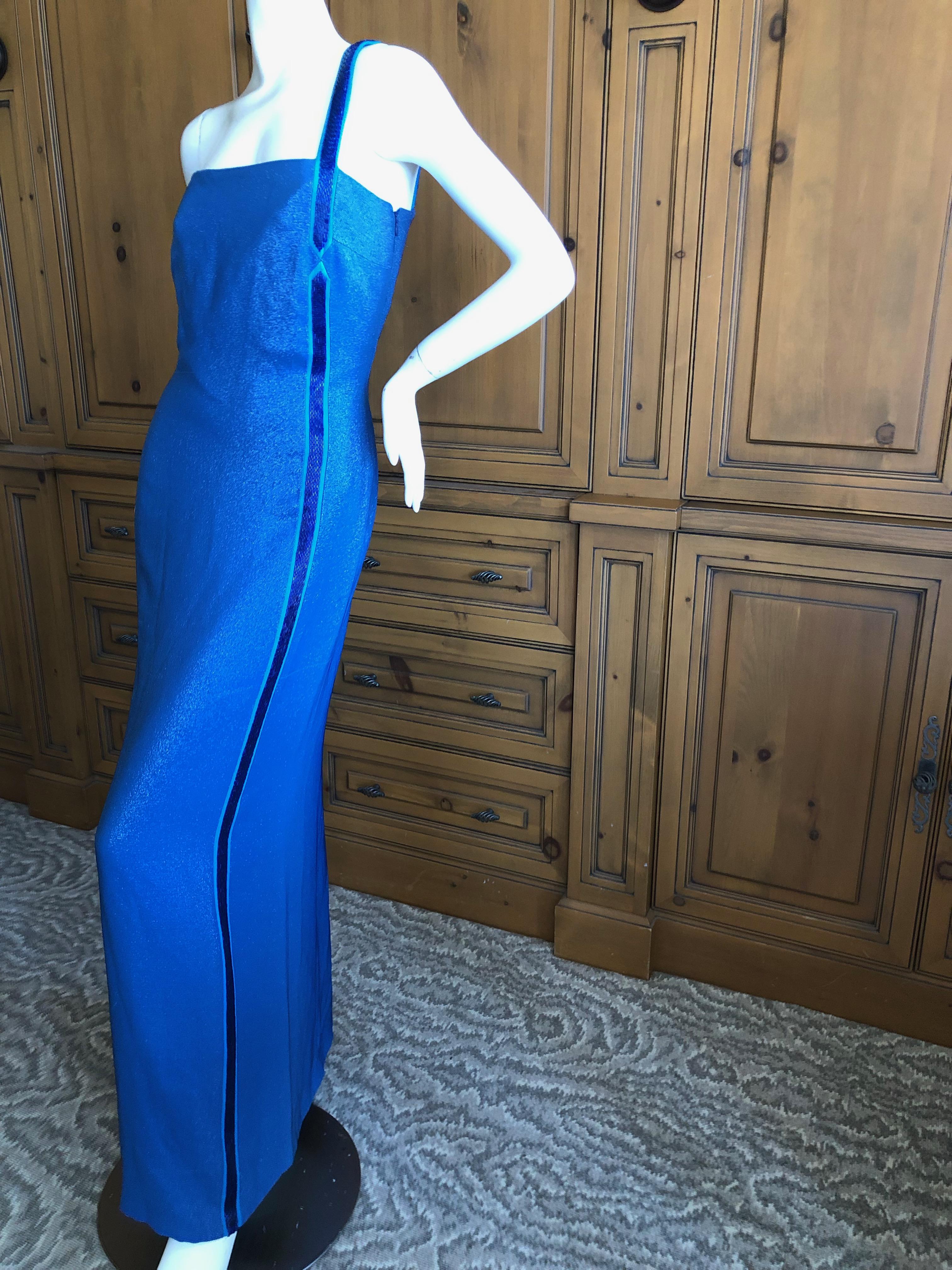 Gianni Versace Couture Vintage 80's Metallic Blue Evening Dress w Bugle Beads  For Sale 1
