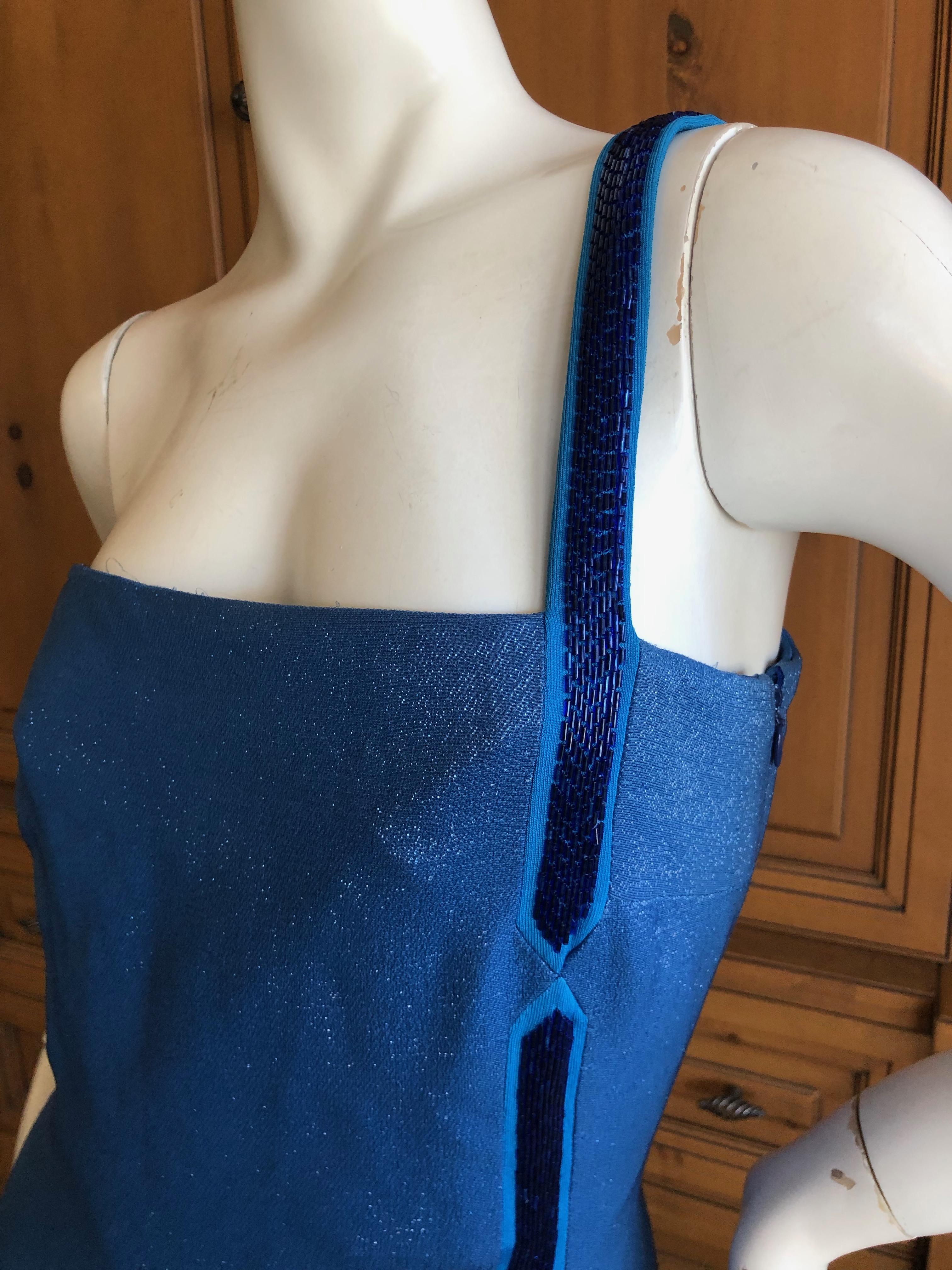 Gianni Versace Couture Vintage 80's Metallic Blue Evening Dress w Bugle Beads  For Sale 3