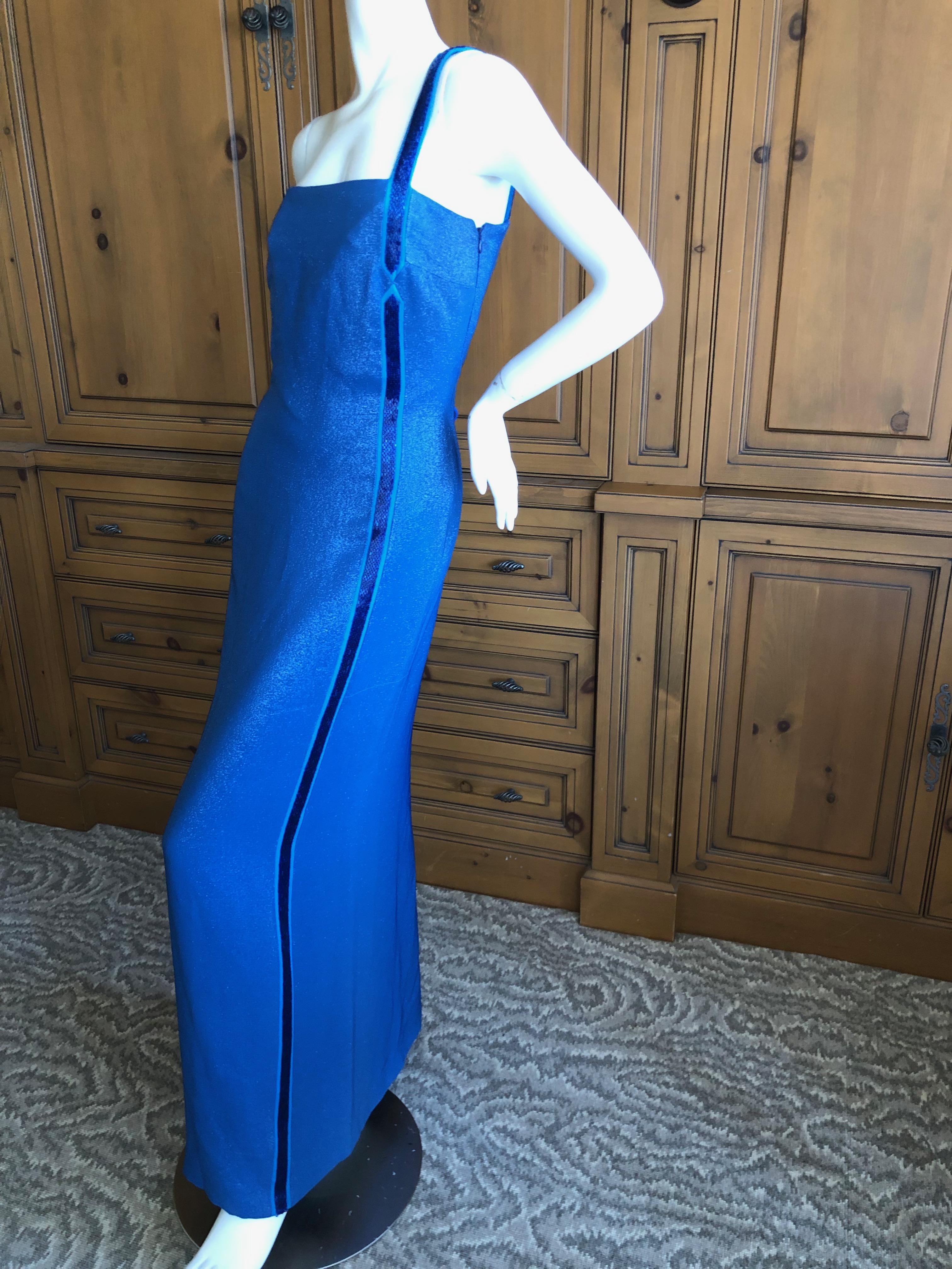 Gianni Versace Couture Vintage 80's Metallic Blue Evening Dress w Bugle Beads  For Sale 4