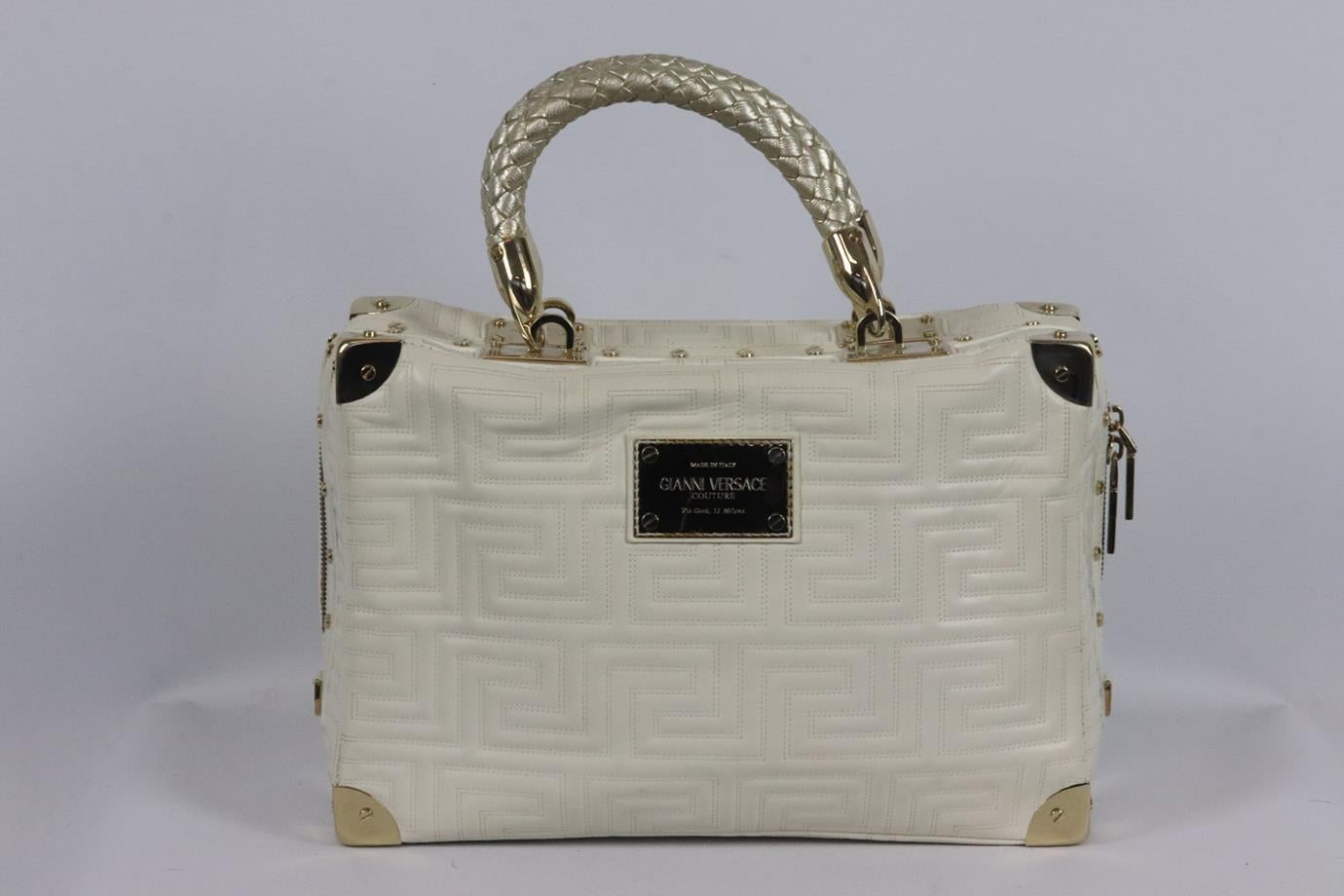 Gianni Versace Couture vintage embroidered leather tote bag. White and gold. Zip fastening at top. Does not come with dusbtag or box. Height: 9 in. Width: 12.75 in. Depth: 4 in. Handle Drop: 5 in. Fair condition - Light marks to interior material.